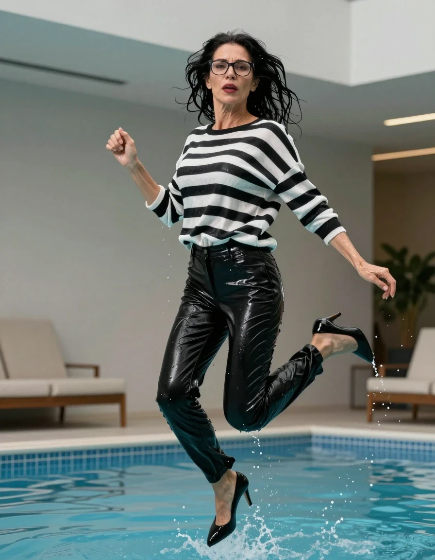 photo of young woman, in soaking wet, drenched clothes,
high heels black shoes, long black shiny trousers, maxi shiny black & white striped sweater, jumping in indoor pool, enjoying wet clothes stuck body, enjoying, wet clothes stuck to body, 
enjoying, wet clothes stuck to body,
detailed textures of the wet clothes, wet face, wet plastered hair,
wet, drenched, professional, high-quality details, full body view.
sharp focus, ultra-high pixel detail, realistic, high-quality, full colors, incredibly detailed, 4k, 8k, 16k, hyper-realistic, RAW photo, masterpiece, ultra-detailed, professionally color graded, professional photograph, europen brunette skinny woman 50 years old, long dark black hair, office glasses, very big and thick lips, complete body, wet skin, wet clothes, damp fabric, wet skin, wet clothes, damp fabric, wet skin, wet clothes, damp fabric, wet skin, wet clothes, damp fabric, wet skin, wet clothes, damp fabric, wet skin, wet clothes, damp fabric, wet skin, wet clothes, damp fabric