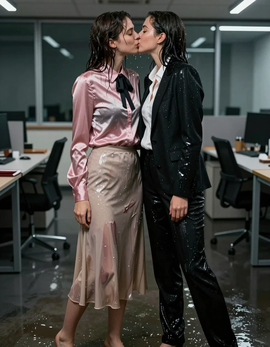 A cinematic, photorealistic scene in a dimly lit empty office at night. Two young adult European women are captured in an intimate, passionate kiss. The first woman is barefoot, wearing a floor-length beige silk skirt and a satin pink long-sleeved buttoned-down blouse accented with a black bowtie. The second woman is dressed in black and white business casual attire. Both women are thoroughly drenched, with their skin and hair glistening with water. Their clothing is heavily soaked, with the beige silk skirt and pink satin blouse clinging to their bodies, showing darkened, translucent patches, heavy wet folds, and strong, glossy specular reflections where the fabric is saturated. The office environment features sleek desks and dark windows reflecting the interior lights. The composition is a medium shot focusing on the emotional connection and the tactile quality of the wet, clinging fabrics. High-contrast lighting, sharp focus on the textures of the damp fabric and skin, 8k resolution, professional photography style.
