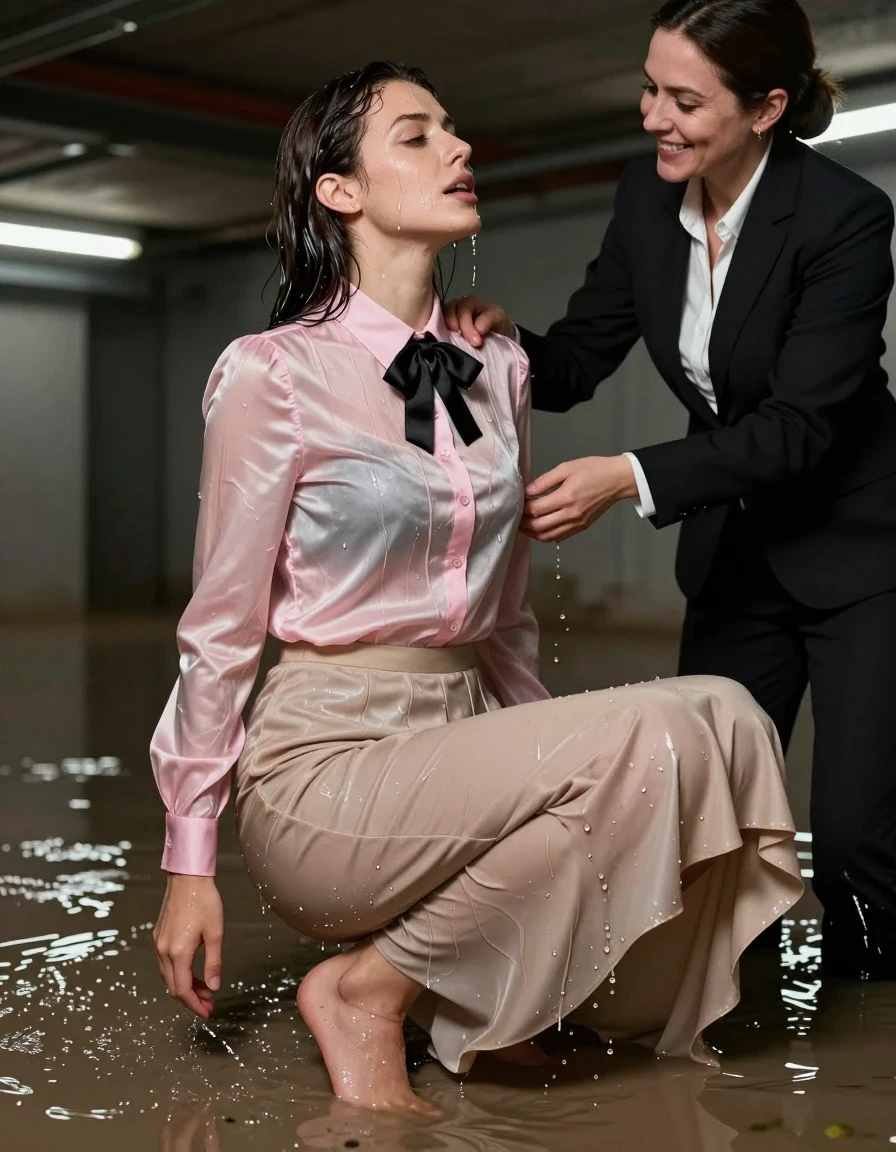 photo of young woman, in soaking wet, drenched clothes,
Barefeet, Floorlength beige silk skirt, Satin pink long sleeved buttoned down blouse, black bowtie, Flooded basement, 
enjoying, wet clothes stuck to body,
detailed textures of the wet clothes, wet face, wet plastered hair,
wet, drenched, professional, high-quality details, full body view.
sharp focus, ultra-high pixel detail, realistic, high-quality, full colors, incredibly detailed, 4k, 8k, 16k, hyper-realistic, RAW photo, masterpiece, ultra-detailed, professionally color graded, professional photograph, Submissive, Has an orgasm while a dominant woman wearing business casual smiles at her, wet skin, wet clothes, damp fabric, wet skin, wet clothes, damp fabric