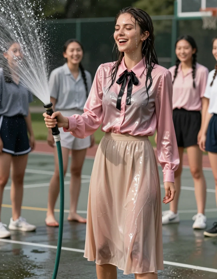 A photorealistic medium shot of a young adult European woman standing on an outdoor basketball court, caught in a playful moment as she is being sprayed with water from a garden hose by a group of female basketball players off-camera. She is wearing a satin pink oversized long-sleeved buttoned-down blouse with a black bowtie and a beige floor-length skirt. The fabric of the blouse and skirt is completely soaked, clinging to her body, showing heavy wet folds, darkened saturated tones, and high-gloss specular reflections from the water. Her hair is dripping wet and plastered to her face and shoulders, and her skin has a glistening, wet sheen. She is barefoot on the concrete court, her expression one of joyful, carefree amusement. The scene is lit by bright, natural daylight, emphasizing the water droplets suspended in the air and the deep, rich texture of the sodden fabrics. High-resolution, sharp focus, cinematic lighting, realistic wet-look photography.