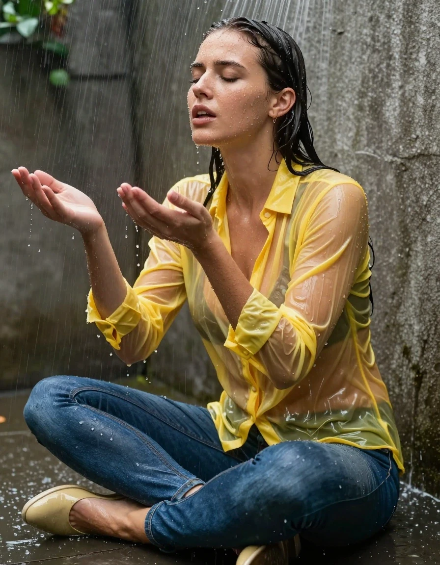 photo of young woman, in soaking wet, drenched clothes,
pumps, blue jeans, shiny,  yellow jeans blouse, outdoor shower, shower, rain, 
enjoying, wet clothes stuck to body,
detailed textures of the wet clothes, wet face, wet plastered hair,
wet, drenched, professional, high-quality details, full body view.
sharp focus, ultra-high pixel detail, realistic, high-quality, full colors, incredibly detailed, 4k, 8k, 16k, hyper-realistic, RAW photo, masterpiece, ultra-detailed, professionally color graded, professional photograph, collar, long sleeves, buttoned, wet hair, long hair, drenched, dripping wet, submerged, full body, see-through, sitting, side view, hands up, wet skin, wet clothes, damp fabric