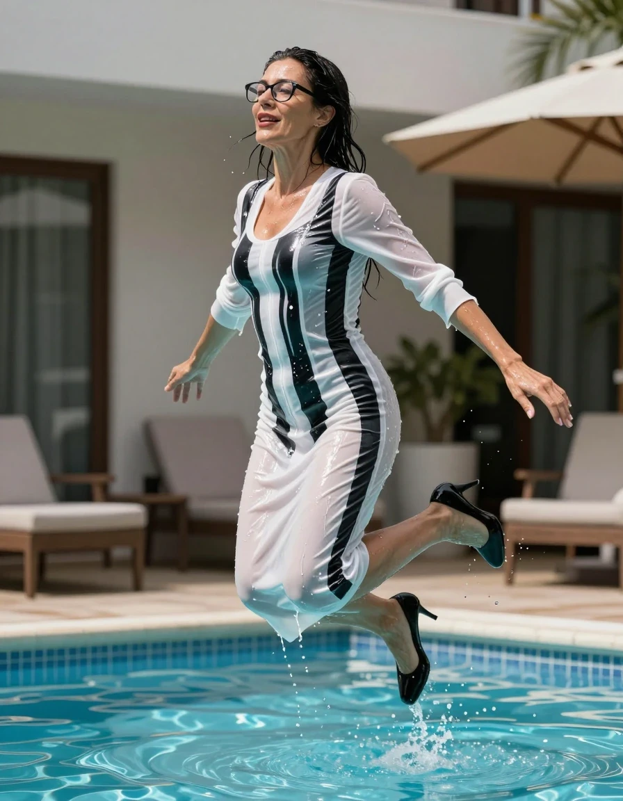 photo of young woman, in soaking wet, drenched clothes,
high heels black shoes, long white & black shiny striped dress, long white & black shiny striped dress, jumping in swiming pool, enjoying wet clothes stuck body, enjoying, wet clothes stuck to body, 
enjoying, wet clothes stuck to body,
detailed textures of the wet clothes, wet face, wet plastered hair,
wet, drenched, professional, high-quality details, full body view.
sharp focus, ultra-high pixel detail, realistic, high-quality, full colors, incredibly detailed, 4k, 8k, 16k, hyper-realistic, RAW photo, masterpiece, ultra-detailed, professionally color graded, professional photograph, europen brunette skinny woman 50 years old, long dark black hair, office glasses, very big and thick lips, complete body, wet skin, wet clothes, damp fabric, wet skin, wet clothes, damp fabric, wet skin, wet clothes, damp fabric, wet skin, wet clothes, damp fabric, wet skin, wet clothes, damp fabric, wet skin, wet clothes, damp fabric, wet skin, wet clothes, damp fabric