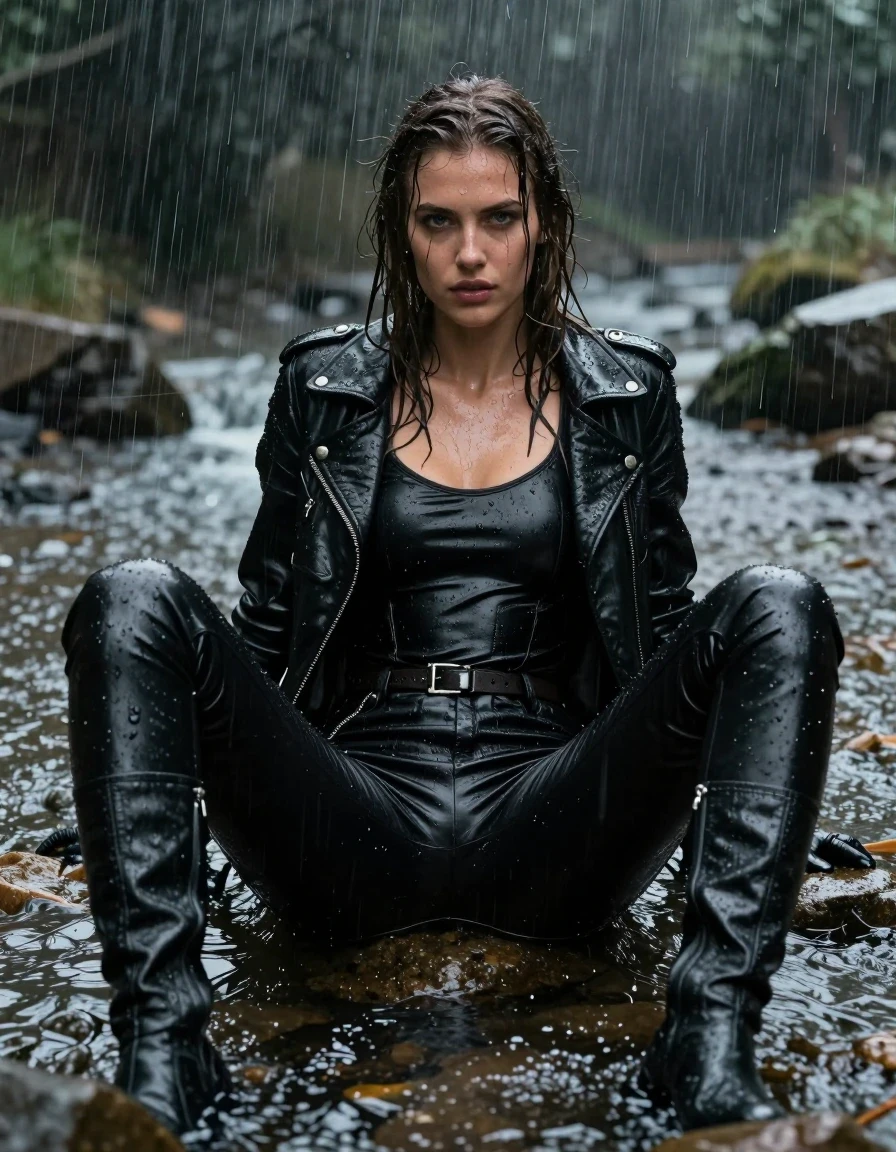 A photorealistic medium shot of a young adult European woman with long, dripping wet brown hair, captured in extreme detail. Her skin is glistening with a heavy water sheen, showcasing realistic wet texture. She is wearing a black leather catsuit layered under a black biker leather jacket, with black leather pants and black leather knee-high boots, and leather gloves on both hands. The leather is heavily soaked, exhibiting dark, saturated tones, clinging to her form, with water running down the surfaces and pooling in the folds and seams. She is relaxing in a deep creek during a torrential downpour, completely drenched. The environment is dark and moody with heavy rain visibly streaking the air and splashing onto the water's surface. The lighting emphasizes the glossy, specular highlights on her wet skin and the saturated black leather surfaces. The image is strictly non-nude, focusing on the texture of the wet clothing and the intense atmospheric environment.