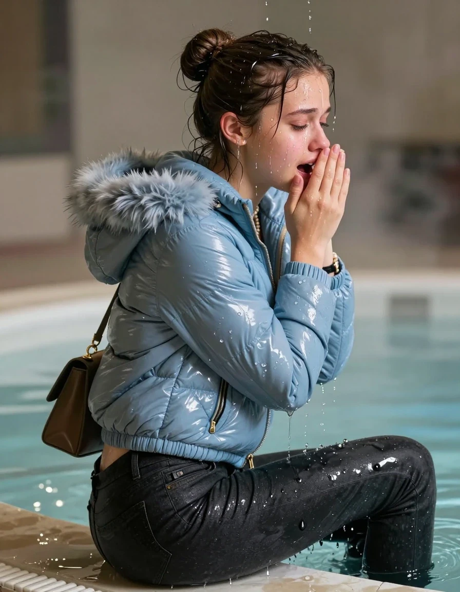 photo of young woman, in soaking wet, drenched clothes,
, Dark skinny jeans, Light blue Moncler shiny puffer down jacket with fur, Open jacket, tight v-neck sweater, shoulderbag, pearl necklace, bracelet, wristwatch, Steaming indoor jacuzzi , 
enjoying, wet clothes stuck to body,
detailed textures of the wet clothes, wet face, wet plastered hair,
wet, drenched, professional, high-quality details, full body view.
sharp focus, ultra-high pixel detail, realistic, high-quality, full colors, incredibly detailed, 4k, 8k, 16k, hyper-realistic, RAW photo, masterpiece, ultra-detailed, professionally color graded, professional photograph, A realistic vertical fashion photograph taken from a backward, behind-the-back angle of a 15-year-old teenage girl sitting in a steaming indoor jacuzzi, facing away from the camera to show her back. She hold her hand over her mouth. She is tilting her head at camera, letting the water drench her hair so it is glued flat against her head and body. She has a selektiert bun , completely saturated and dripping wet hair, with water cascading down her face and neck, crying and astonished expression. The lighting is bright and cinematic, highlighting the glistening water droplets on her skin and the saturated texture of her  casual clothes.  half closed eyes. 
her clothing is soaking wet and clinging tightly to her skin, showing heavy wet folds, darkened fabric texture, and deep water-saturated Patches, her clothes are heavy from the water, water runs from her body and her clothes in streams. A lot of water also runs out of her clothes. Her clothes are darkened by the water. 
hyper-realistic wetness, high-contrast water sheen, sharp focus, 16k resolution, professional photography, realistic water physics., wet skin, wet clothes, damp fabric, wet skin, wet clothes, damp fabric, wet skin, wet clothes, damp fabric, wet skin, wet clothes, damp fabric, wet skin, wet clothes, damp fabric, wet skin, wet clothes, damp fabric, wet skin, wet clothes, damp fabric, wet skin, wet clothes, damp fabric, wet skin, wet clothes, damp fabric, wet skin, wet clothes, damp fabric, wet skin, wet clothes, damp fabric, wet skin, wet clothes, damp fabric