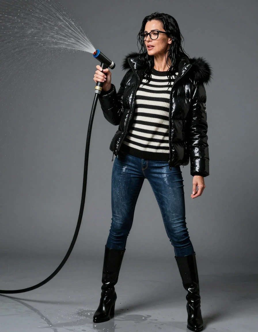 photo of young woman, in soaking wet, drenched clothes,
high heels black boots, long dark blue shiny tight jeans, maxi shiny black & white striped sweater, maxi black shiny down jacket with fur, pouring water with the hose, enjoying wet clothes stuck body, enjoying, wet clothes stuck to body, 
enjoying, wet clothes stuck to body,
detailed textures of the wet clothes, wet face, wet plastered hair,
wet, drenched, professional, high-quality details, full body view.
sharp focus, ultra-high pixel detail, realistic, high-quality, full colors, incredibly detailed, 4k, 8k, 16k, hyper-realistic, RAW photo, masterpiece, ultra-detailed, professionally color graded, professional photograph, europen brunette skinny woman 50 years old, long dark black hair, office glasses, very big and thick lips, complete body, wet skin, wet clothes, damp fabric, wet skin, wet clothes, damp fabric, wet skin, wet clothes, damp fabric, wet skin, wet clothes, damp fabric, wet skin, wet clothes, damp fabric, wet skin, wet clothes, damp fabric, wet skin, wet clothes, damp fabric