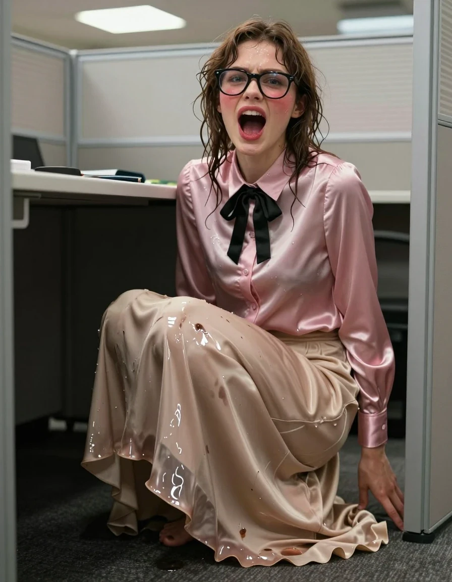 A photorealistic medium shot of a young adult European woman with a nerdy aesthetic, wearing thick-rimmed glasses and her hair slightly disheveled. She is wearing a satin pink long-sleeved buttoned-down blouse with a black bowtie, paired with a floor-length beige silk skirt. The silk fabric is visibly soaked and wet, clinging to her skin with darker patches, heavy wet folds, and high-gloss specular reflections on the damp material. She is barefoot, with her feet visible on the office carpet. She is positioned hiding under a small desk inside a cramped office cubicle, caught in the throes of an intense orgasm with a flushed, ecstatic expression. The office environment is dimly lit with harsh overhead fluorescent lighting reflecting off the wet surfaces. Cinematic composition, shallow depth of field, high-resolution photography, sharp focus on the subject's face and the texture of the wet silk.