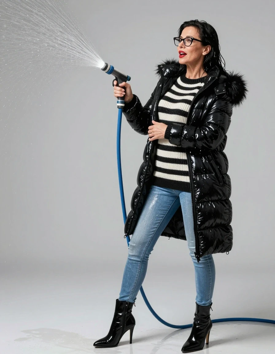 photo of young woman, in soaking wet, drenched clothes,
high heels black boots, long light blue shiny tight jeans, maxi shiny black & white striped sweater, maxi black shiny down jacket with fur, pouring water with the hose, enjoying wet clothes stuck body, enjoying, wet clothes stuck to body, 
enjoying, wet clothes stuck to body,
detailed textures of the wet clothes, wet face, wet plastered hair,
wet, drenched, professional, high-quality details, full body view.
sharp focus, ultra-high pixel detail, realistic, high-quality, full colors, incredibly detailed, 4k, 8k, 16k, hyper-realistic, RAW photo, masterpiece, ultra-detailed, professionally color graded, professional photograph, europen brunette skinny woman 50 years old, long dark black hair, office glasses, very big and thick lips, complete body, wet skin, wet clothes, damp fabric, wet skin, wet clothes, damp fabric, wet skin, wet clothes, damp fabric, wet skin, wet clothes, damp fabric, wet skin, wet clothes, damp fabric, wet skin, wet clothes, damp fabric, wet skin, wet clothes, damp fabric