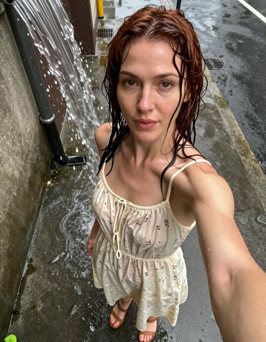A high-detail selfie-style photograph of a fit woman in her mid-30s with chestnut hair, captured downtown on a rainy afternoon. She is positioned directly backing herself into a heavy, cascading stream of water pouring from a gutter downspout. Her chestnut hair is damp and slightly clumped from the rain, with strands beginning to darken and cling to her face and shoulders. She is wearing a cream-colored cotton sundress featuring a subtle floral pattern; the fabric is damp and showing darkening patches where the rain has settled, with the material becoming slightly translucent and clinging to her skin where it has absorbed moisture. She wears tan sandal flats on her feet. The lighting is moody and overcast, typical of a rainy afternoon in an urban environment, with water sheen visible on her skin and the surrounding concrete. The camera angle is a handheld selfie perspective, emphasizing the immediate interaction with the downspout stream, capturing the wet texture and realistic weight of the damp cotton fabric.