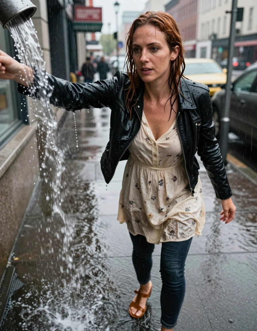 photo of young woman, in soaking wet, drenched clothes,
Black flats, Dark Levi’s skinny jeans, Black Bilder lestherjacket, v-neck sweater, downtown on rainy afternoon , 
enjoying, wet clothes stuck to body,
detailed textures of the wet clothes, wet face, wet plastered hair,
wet, drenched, professional, high-quality details, full body view.
sharp focus, ultra-high pixel detail, realistic, high-quality, full colors, incredibly detailed, 4k, 8k, 16k, hyper-realistic, RAW photo, masterpiece, ultra-detailed, professionally color graded, professional photograph, A high-detail selfie-style photograph of a fit woman in her mid-30s with chestnut hair, captured on a rainy afternoon in a bustling downtown city street. She is positioned backing herself directly into a heavy, cascading stream of water pouring from a metal gutter downspout. She is wearing a cream-colored cotton sundress with a subtle floral pattern; the fabric is visibly dampened by the ambient rain, showing realistic darkening, clinging to her silhouette, and increased translucency in areas where the moisture has permeated the fibers. She is wearing tan sandal flats on her feet. Her chestnut hair is damp and slightly piecey from the rain. The atmosphere is moody and overcast with wet pavement reflecting the city lights. The composition is a close-up selfie angle, capturing her focused expression as she interacts with the water stream. The lighting is soft, diffused natural daylight, emphasizing the water sheen on her skin and the texture of the wet cotton fabric., wet skin, wet clothes, damp fabric