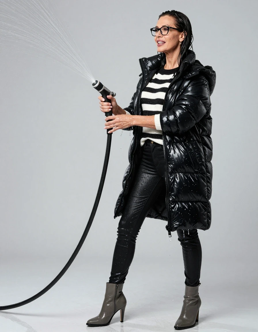 photo of young woman, in soaking wet, drenched clothes,
high heels gray boots, long black shiny tight jeans, maxi shiny black & white striped sweater, maxi black shiny down jacket , pouring water with the hose, enjoying wet clothes stuck body, enjoying, wet clothes stuck to body, 
enjoying, wet clothes stuck to body,
detailed textures of the wet clothes, wet face, wet plastered hair,
wet, drenched, professional, high-quality details, full body view.
sharp focus, ultra-high pixel detail, realistic, high-quality, full colors, incredibly detailed, 4k, 8k, 16k, hyper-realistic, RAW photo, masterpiece, ultra-detailed, professionally color graded, professional photograph, europen brunette skinny woman 50 years old, long dark black hair, office glasses, very big and thick lips, complete body, wet skin, wet clothes, damp fabric, wet skin, wet clothes, damp fabric, wet skin, wet clothes, damp fabric, wet skin, wet clothes, damp fabric, wet skin, wet clothes, damp fabric, wet skin, wet clothes, damp fabric, wet skin, wet clothes, damp fabric