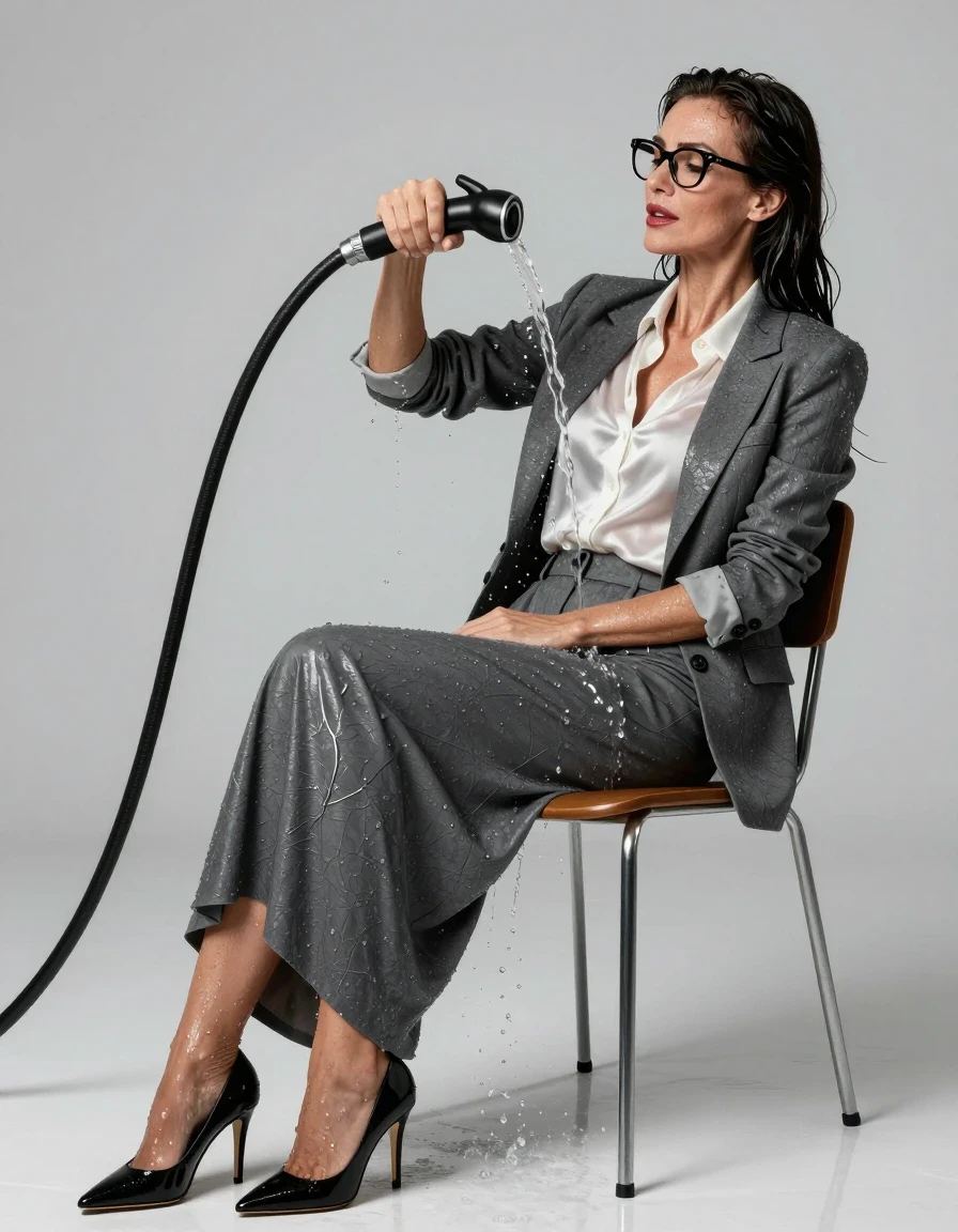 photo of young woman, in soaking wet, drenched clothes,
high heels black shoes, maxi gray skirt, shiny white silk satin shirt, gray blazer, on the chair, pouring water with the hose, enjoying wet clothes stuck body, enjoying, wet clothes stuck to body, 
enjoying, wet clothes stuck to body,
detailed textures of the wet clothes, wet face, wet plastered hair,
wet, drenched, professional, high-quality details, full body view.
sharp focus, ultra-high pixel detail, realistic, high-quality, full colors, incredibly detailed, 4k, 8k, 16k, hyper-realistic, RAW photo, masterpiece, ultra-detailed, professionally color graded, professional photograph, europen brunette skinny woman 50 years old, long dark black hair, office glasses, very big and thick lips, complete body, wet skin, wet clothes, damp fabric, wet skin, wet clothes, damp fabric, wet skin, wet clothes, damp fabric, wet skin, wet clothes, damp fabric, wet skin, wet clothes, damp fabric, wet skin, wet clothes, damp fabric, wet skin, wet clothes, damp fabric