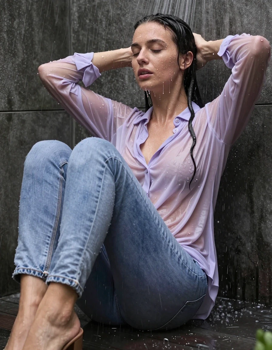 photo of young woman, in soaking wet, drenched clothes,
pumps, nothing, long light purple jeans blouse dress, no underwear, outdoor shower, shower, rain, 
enjoying, wet clothes stuck to body,
detailed textures of the wet clothes, wet face, wet plastered hair,
wet, drenched, professional, high-quality details, full body view.
sharp focus, ultra-high pixel detail, realistic, high-quality, full colors, incredibly detailed, 4k, 8k, 16k, hyper-realistic, RAW photo, masterpiece, ultra-detailed, professionally color graded, professional photograph, collar, long sleeves, buttoned, wet hair, long hair, drenched, dripping wet, submerged, full body, see-through, side view, hands over head, lying, wet skin, wet clothes, damp fabric