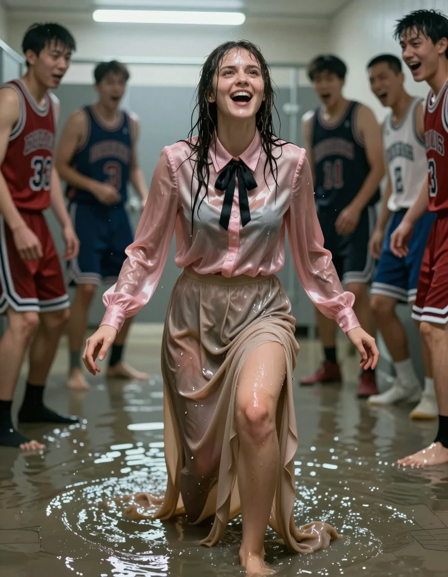 A photorealistic medium shot of a young adult European woman trapped inside a flooded public restroom, caught in a state of intense, breathless ecstasy. She is wearing a satin pink long-sleeved buttoned-down blouse with a black bowtie and a floor-length beige silk skirt that is heavily soaked, clinging to her legs and dragging in the shallow, murky water on the floor. Her bare feet are submerged in the water. Her skin is glistening with a wet sheen, hair damp and plastered to her face, and her clothes are translucent and darkened from saturation, showing heavy water-soaked folds and clinging to her form. She is surrounded by a group of blurred figures in basketball uniforms looming over her, mocking her. The lighting is harsh, cold fluorescent overheads reflecting off the wet surfaces and the water-slicked floor. High-contrast, cinematic photography, sharp focus on the subject's expression and the wet texture of the fabric, water droplets, damp environment, hyper-realistic skin texture.