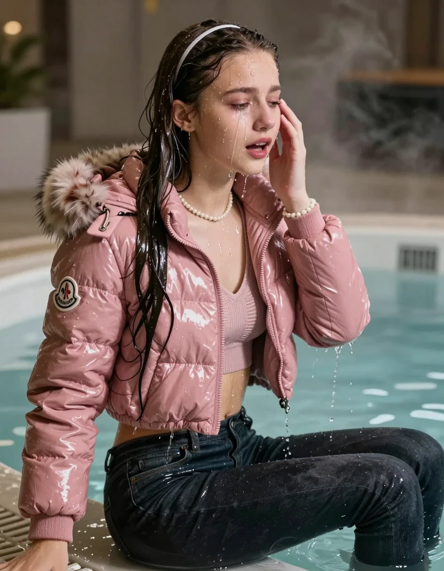 photo of young woman, in soaking wet, drenched clothes,
, Dark skinny jeans, Pink Moncler shiny puffer down jacket with fur, Open jacket, tight v-neck sweater, shoulderbag, pearl necklace, bracelet, wristwatch, Steaming indoor jacuzzi , 
enjoying, wet clothes stuck to body,
detailed textures of the wet clothes, wet face, wet plastered hair,
wet, drenched, professional, high-quality details, full body view.
sharp focus, ultra-high pixel detail, realistic, high-quality, full colors, incredibly detailed, 4k, 8k, 16k, hyper-realistic, RAW photo, masterpiece, ultra-detailed, professionally color graded, professional photograph, A realistic vertical fashion photograph taken from a backward, behind-the-back angle of a 15-year-old teenage girl sitting in a steaming indoor jacuzzi, facing away from the camera to show her back. She hold her hand on her face. She is tilting her head at camera, letting the water drench her hair so it is glued flat against her head and body. She has Sleek  straight long hair with hairband, completely saturated and dripping wet hair, with water cascading down her face and neck, crying and astonished expression. The lighting is bright and cinematic, highlighting the glistening water droplets on her skin and the saturated texture of her  casual clothes.  Open mouth, half closed eyes. 
her clothing is soaking wet and clinging tightly to her skin, showing heavy wet folds, darkened fabric texture, and deep water-saturated Patches, her clothes are heavy from the water, water runs from her body and her clothes in streams. A lot of water also runs out of her clothes. Her clothes are darkened by the water. 
hyper-realistic wetness, high-contrast water sheen, sharp focus, 16k resolution, professional photography, realistic water physics., wet skin, wet clothes, damp fabric, wet skin, wet clothes, damp fabric, wet skin, wet clothes, damp fabric, wet skin, wet clothes, damp fabric, wet skin, wet clothes, damp fabric, wet skin, wet clothes, damp fabric, wet skin, wet clothes, damp fabric, wet skin, wet clothes, damp fabric, wet skin, wet clothes, damp fabric, wet skin, wet clothes, damp fabric, wet skin, wet clothes, damp fabric, wet skin, wet clothes, damp fabric