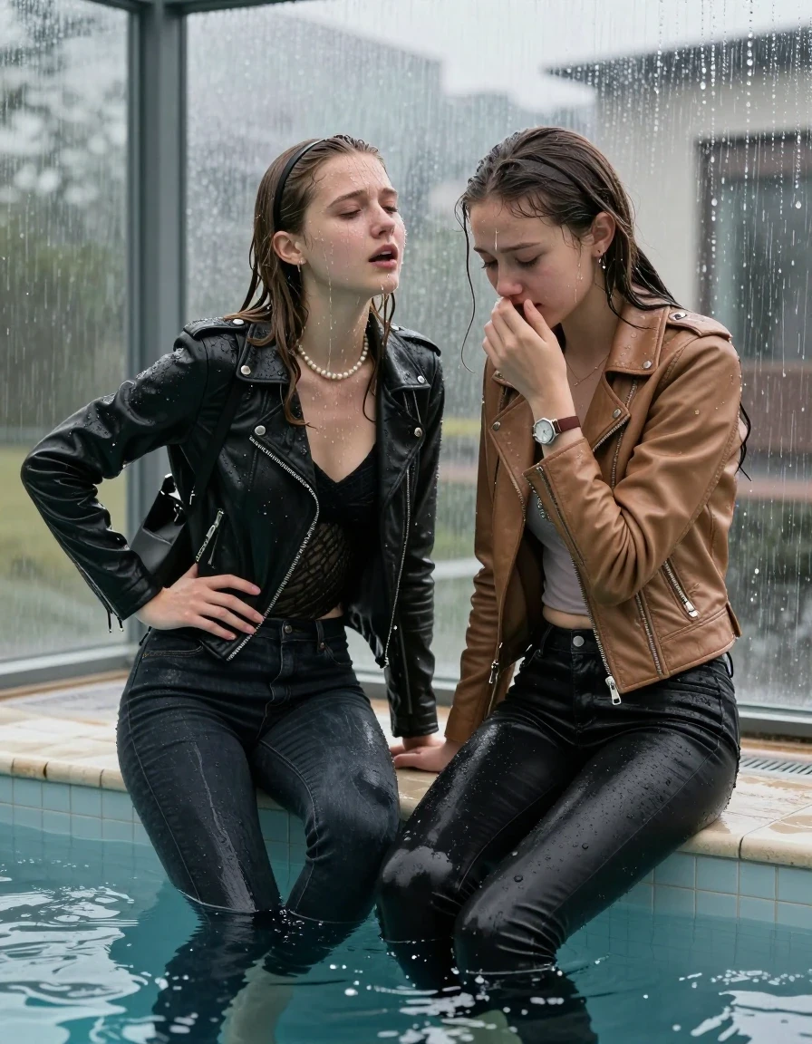 photo of young woman, in soaking wet, drenched clothes,
, Dark skinny jeans, Black leatherjacket with fur, Open jacket, tight v-neck sweater, shoulderbag, pearl necklace, bracelet, wristwatch, Steaming indoor jacuzzi , 
enjoying, wet clothes stuck to body,
detailed textures of the wet clothes, wet face, wet plastered hair,
wet, drenched, professional, high-quality details, full body view.
sharp focus, ultra-high pixel detail, realistic, high-quality, full colors, incredibly detailed, 4k, 8k, 16k, hyper-realistic, RAW photo, masterpiece, ultra-detailed, professionally color graded, professional photograph, A realistic vertical fashion photograph of two 15-year-old teenage girls sitting in a glass-walled indoor swimming pool facing away from the camera to show her back. Looking down. Leaning foreward. One hold her hands on her hips. One hold her Hand on her mouth. She is tilting her head up, letting the water drench her hair so it is glued flat against her head and body. She has Sleek  straight long hair with hairband and one has a sleek ponytail, completely saturated and dripping wet hair, with water cascading down her face and neck, crying and astonished expression. The lighting is bright and cinematic, highlighting the glistening water droplets on her skin and the saturated texture of her  casual clothes.  Open mouth, half closed eyes. One wears a black leatherjacket and dark levis skinny jeans. One wears a light brown leatherjacket and black skinny jeans.
The clothing of both girls are soaking wet and clinging tightly to her skin, showing heavy wet folds, darkened fabric texture, and deep water-saturated Patches, her clothes are heavy from the water, water runs from her body and her clothes in streams. A lot of water also runs out of her clothes. Her clothes are darkened by the water. 

Outside the large glass wall of the pool building, heavy rain is visible falling against the window. Soft, moody indoor lighting with reflections on the water. High-quality fashion photography style.
hyper-realistic wetness, high-contrast water sheen, sharp focus, 16k resolution, professional photography, realistic water physics., wet skin, wet clothes, damp fabric, wet skin, wet clothes, damp fabric, wet skin, wet clothes, damp fabric, wet skin, wet clothes, damp fabric, wet skin, wet clothes, damp fabric, wet skin, wet clothes, damp fabric, wet skin, wet clothes, damp fabric, wet skin, wet clothes, damp fabric, wet skin, wet clothes, damp fabric, wet skin, wet clothes, damp fabric, wet skin, wet clothes, damp fabric, wet skin, wet clothes, damp fabric, wet skin, wet clothes, damp fabric, wet skin, wet clothes, damp fabric, wet skin, wet clothes, damp fabric, wet skin, wet clothes, damp fabric, wet skin, wet clothes, damp fabric, wet skin, wet clothes, damp fabric