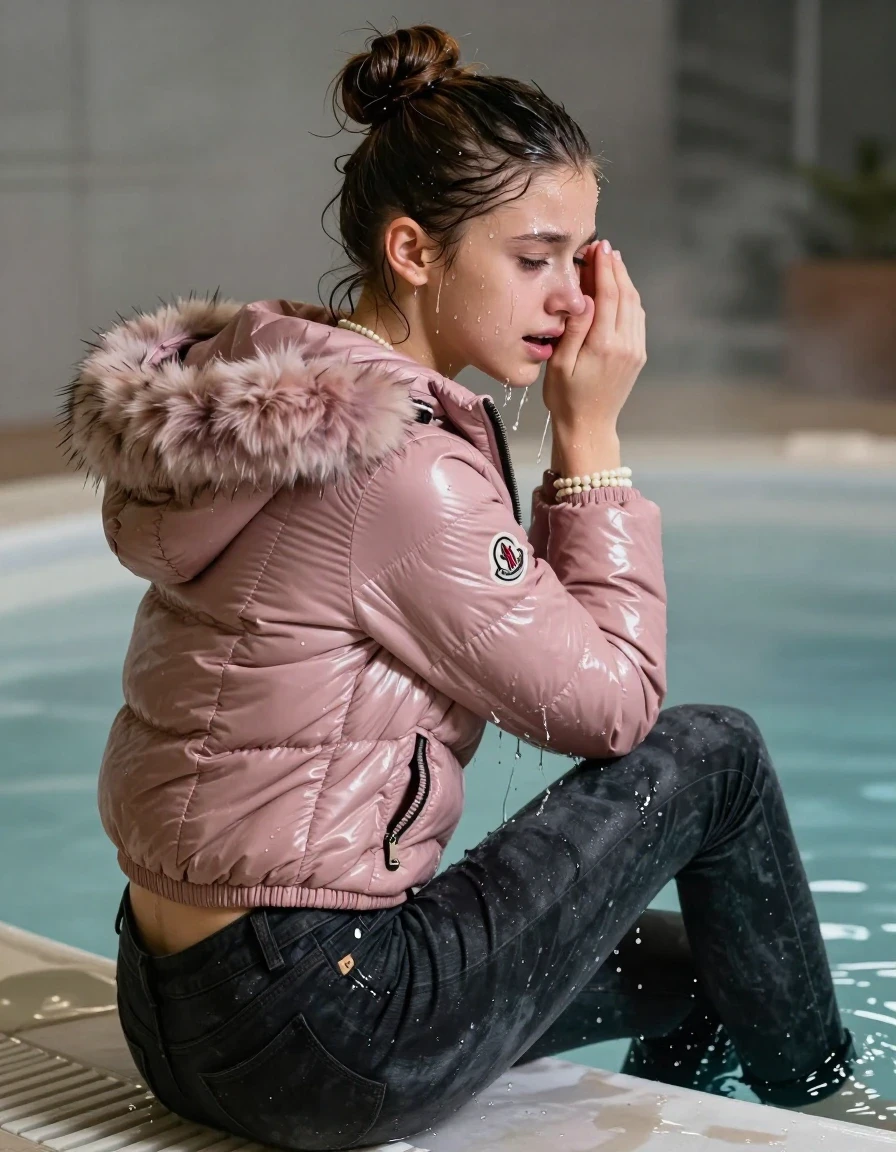 photo of young woman, in soaking wet, drenched clothes,
, Dark skinny jeans, Pink Moncler shiny puffer down jacket with fur, Open jacket, tight v-neck sweater, shoulderbag, pearl necklace, bracelet, wristwatch, Steaming indoor jacuzzi , 
enjoying, wet clothes stuck to body,
detailed textures of the wet clothes, wet face, wet plastered hair,
wet, drenched, professional, high-quality details, full body view.
sharp focus, ultra-high pixel detail, realistic, high-quality, full colors, incredibly detailed, 4k, 8k, 16k, hyper-realistic, RAW photo, masterpiece, ultra-detailed, professionally color graded, professional photograph, A realistic vertical fashion photograph taken from a backward, behind-the-back angle of a 15-year-old teenage girl sitting in a steaming indoor jacuzzi, facing away from the camera to show her back. She hold her hand on her face. She is tilting her head at camera, letting the water drench her hair so it is glued flat against her head and body. She has a selektiert bun , completely saturated and dripping wet hair, with water cascading down her face and neck, crying and astonished expression. The lighting is bright and cinematic, highlighting the glistening water droplets on her skin and the saturated texture of her  casual clothes.  Open mouth, half closed eyes. 
her clothing is soaking wet and clinging tightly to her skin, showing heavy wet folds, darkened fabric texture, and deep water-saturated Patches, her clothes are heavy from the water, water runs from her body and her clothes in streams. A lot of water also runs out of her clothes. Her clothes are darkened by the water. 
hyper-realistic wetness, high-contrast water sheen, sharp focus, 16k resolution, professional photography, realistic water physics., wet skin, wet clothes, damp fabric, wet skin, wet clothes, damp fabric, wet skin, wet clothes, damp fabric, wet skin, wet clothes, damp fabric, wet skin, wet clothes, damp fabric, wet skin, wet clothes, damp fabric, wet skin, wet clothes, damp fabric, wet skin, wet clothes, damp fabric, wet skin, wet clothes, damp fabric, wet skin, wet clothes, damp fabric, wet skin, wet clothes, damp fabric, wet skin, wet clothes, damp fabric
