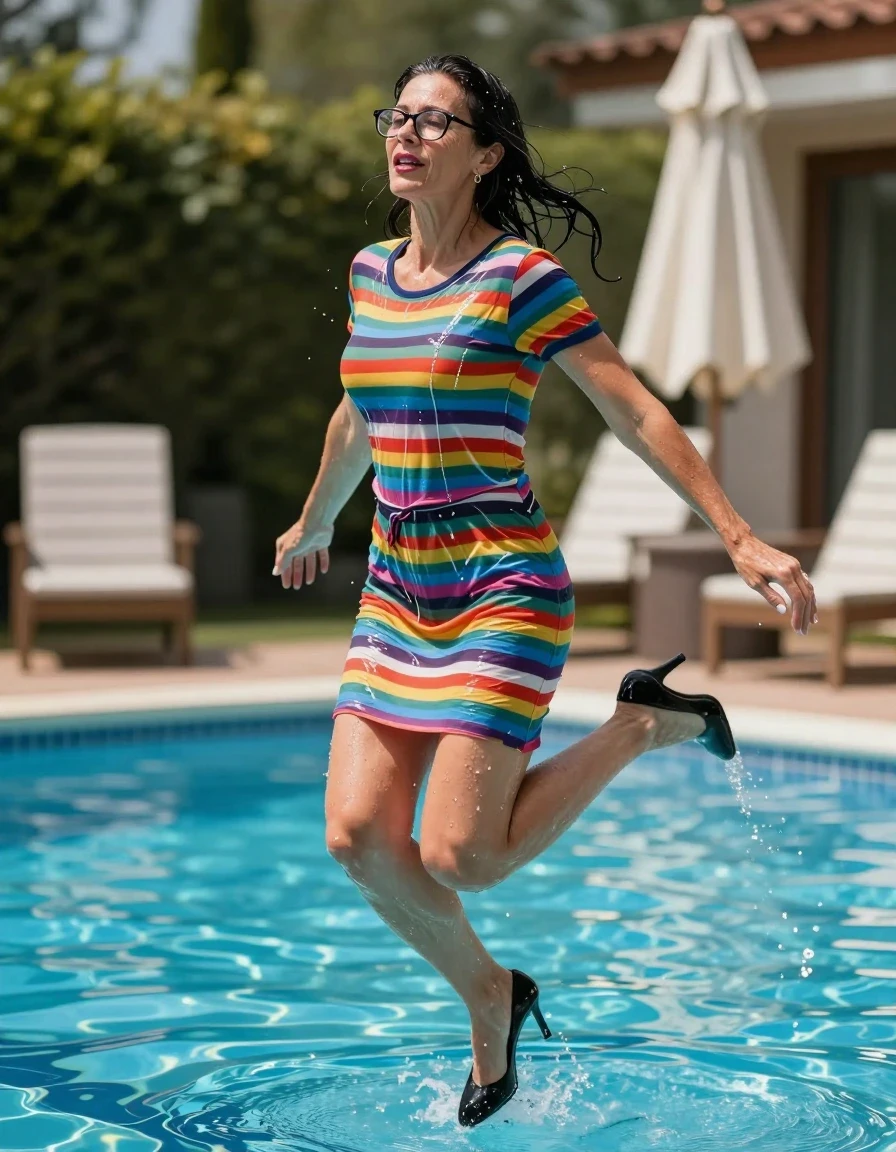 photo of young woman, in soaking wet, drenched clothes,
high heels black shoes, long multicolored striped t-shirt dress, long multicolored striped t-shirt dress, jumping in swiming pool, enjoying wet clothes stuck body, enjoying, wet clothes stuck to body, 
enjoying, wet clothes stuck to body,
detailed textures of the wet clothes, wet face, wet plastered hair,
wet, drenched, professional, high-quality details, full body view.
sharp focus, ultra-high pixel detail, realistic, high-quality, full colors, incredibly detailed, 4k, 8k, 16k, hyper-realistic, RAW photo, masterpiece, ultra-detailed, professionally color graded, professional photograph, europen brunette skinny woman 50 years old, long dark black hair, office glasses, very big and thick lips, complete body, wet skin, wet clothes, damp fabric, wet skin, wet clothes, damp fabric, wet skin, wet clothes, damp fabric, wet skin, wet clothes, damp fabric, wet skin, wet clothes, damp fabric, wet skin, wet clothes, damp fabric, wet skin, wet clothes, damp fabric