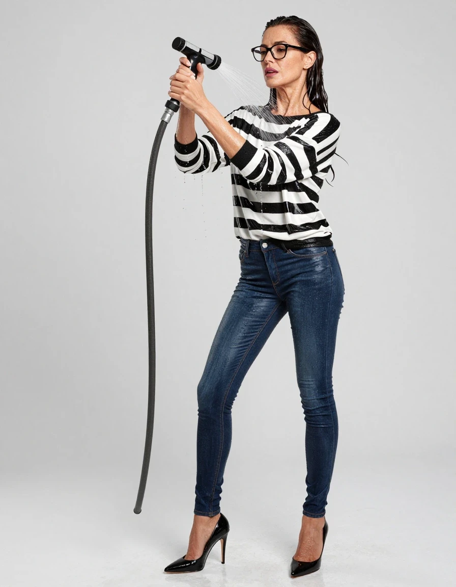 photo of young woman, in soaking wet, drenched clothes,
high heels black shoes, long dark blue shiny tight jeans, maxi shiny black & white striped sweater, pouring water with the hose, enjoying wet clothes stuck body, enjoying, wet clothes stuck to body, 
enjoying, wet clothes stuck to body,
detailed textures of the wet clothes, wet face, wet plastered hair,
wet, drenched, professional, high-quality details, full body view.
sharp focus, ultra-high pixel detail, realistic, high-quality, full colors, incredibly detailed, 4k, 8k, 16k, hyper-realistic, RAW photo, masterpiece, ultra-detailed, professionally color graded, professional photograph, europen brunette skinny woman 50 years old, long dark black hair, office glasses, very big and thick lips, complete body, wet skin, wet clothes, damp fabric, wet skin, wet clothes, damp fabric, wet skin, wet clothes, damp fabric, wet skin, wet clothes, damp fabric, wet skin, wet clothes, damp fabric, wet skin, wet clothes, damp fabric, wet skin, wet clothes, damp fabric