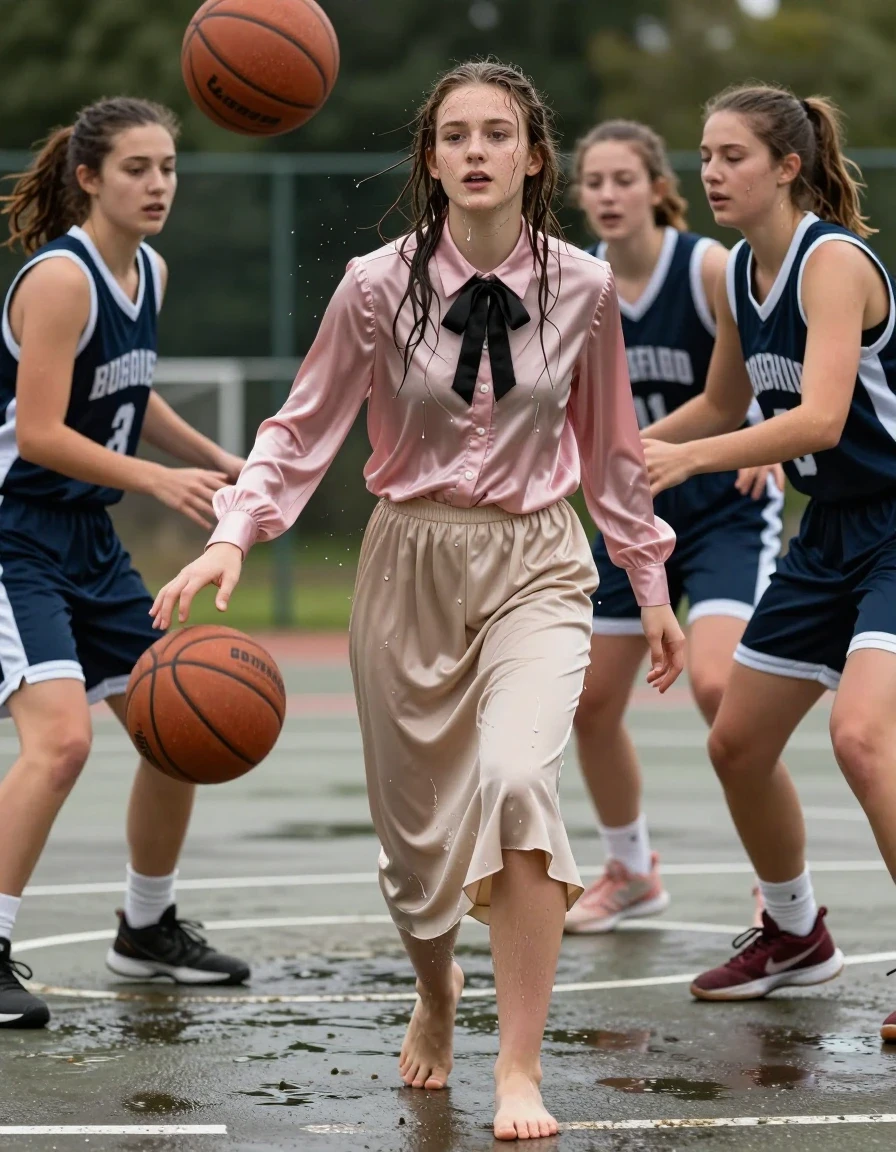photo of young woman, in soaking wet, drenched clothes,
Barefeet,  Floor length beige silk skirt, Satin pink long sleeved buttoned down blouse, black bowtie, On an outside basketball concrete field bullied by girls in basketball uniforms, 
enjoying, wet clothes stuck to body,
detailed textures of the wet clothes, wet face, wet plastered hair,
wet, drenched, professional, high-quality details, full body view.
sharp focus, ultra-high pixel detail, realistic, high-quality, full colors, incredibly detailed, 4k, 8k, 16k, hyper-realistic, RAW photo, masterpiece, ultra-detailed, professionally color graded, professional photograph, A nerdy girl enjoying being shoved onto the concrete by the bullies who throw basketballs on her, wet skin, wet clothes, damp fabric
