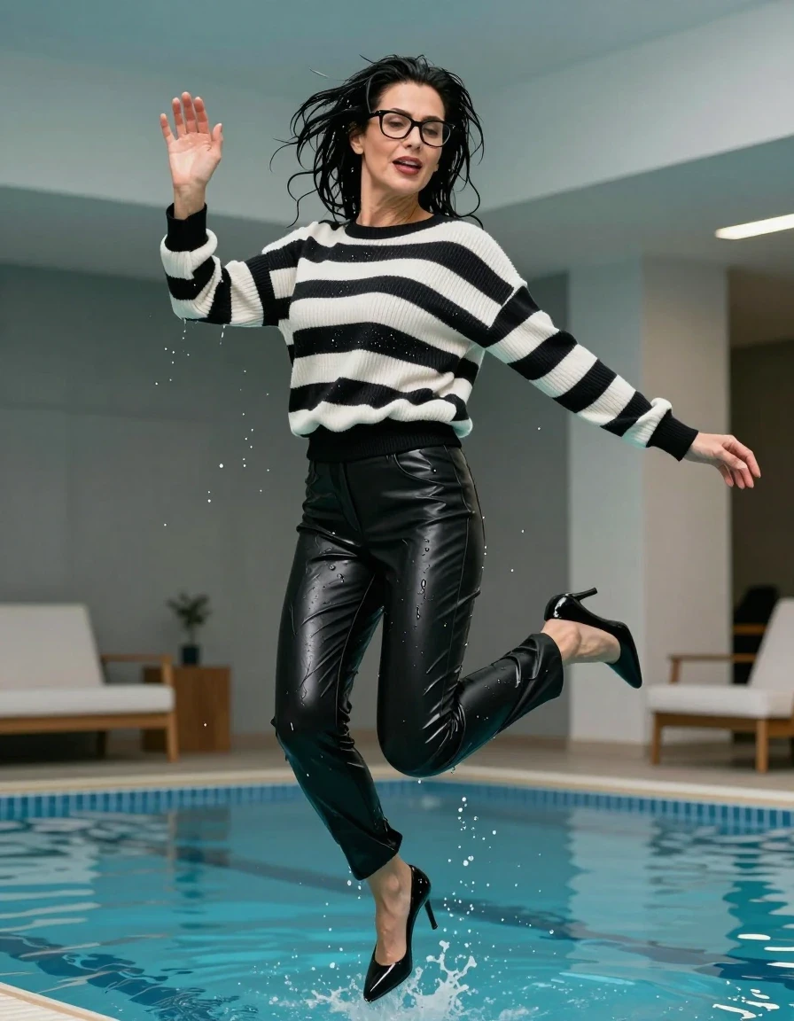 photo of young woman, in soaking wet, drenched clothes,
high heels black shoes, long black shiny trousers, maxi shiny black & white striped sweater, jumping in indoor pool, enjoying wet clothes stuck body, enjoying, wet clothes stuck to body, 
enjoying, wet clothes stuck to body,
detailed textures of the wet clothes, wet face, wet plastered hair,
wet, drenched, professional, high-quality details, full body view.
sharp focus, ultra-high pixel detail, realistic, high-quality, full colors, incredibly detailed, 4k, 8k, 16k, hyper-realistic, RAW photo, masterpiece, ultra-detailed, professionally color graded, professional photograph, europen brunette skinny woman 50 years old, long dark black hair, office glasses, very big and thick lips, complete body, wet skin, wet clothes, damp fabric, wet skin, wet clothes, damp fabric, wet skin, wet clothes, damp fabric, wet skin, wet clothes, damp fabric, wet skin, wet clothes, damp fabric, wet skin, wet clothes, damp fabric, wet skin, wet clothes, damp fabric