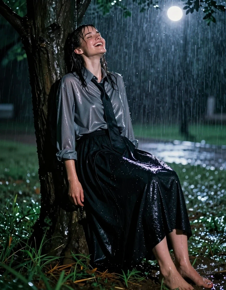 A photorealistic full-body shot of a young adult European woman with wet, rain-slicked hair and skin, resting under a large tree in an empty park during a torrential downpour at night. She is wearing an oversized, long-sleeved, buttoned-down grey satin nylon blouse that is heavily soaked, clinging to her skin with deep, dark, saturated patches and glossy highlights where the water clings, paired with a floor-length cotton black skirt that is water-logged, heavy, and draped in wet, clinging folds. A crisp black necktie is knotted at her collar, dripping with rainwater. She is barefoot, with her toes pressed into the mud and wet grass. Her expression is one of intense, ecstatic pleasure, captured in the middle of an orgasm. The scene is illuminated by harsh, cold moonlight filtering through the storm, creating sharp specular reflections on her wet clothing and skin. The atmosphere is heavy with mist and falling rain, with high-contrast shadows and realistic water physics, hyper-detailed skin texture, sharp focus, 8k resolution, cinematic lighting.
