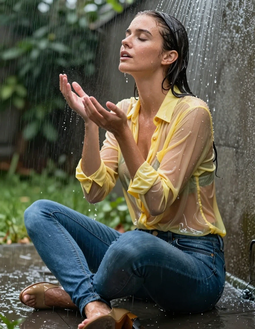 photo of young woman, in soaking wet, drenched clothes,
pumps, blue jeans, shiny,  yellow jeans blouse, outdoor shower, shower, rain, 
enjoying, wet clothes stuck to body,
detailed textures of the wet clothes, wet face, wet plastered hair,
wet, drenched, professional, high-quality details, full body view.
sharp focus, ultra-high pixel detail, realistic, high-quality, full colors, incredibly detailed, 4k, 8k, 16k, hyper-realistic, RAW photo, masterpiece, ultra-detailed, professionally color graded, professional photograph, collar, long sleeves, buttoned, wet hair, long hair, drenched, dripping wet, submerged, full body, see-through, sitting, side view, hands up, wet skin, wet clothes, damp fabric