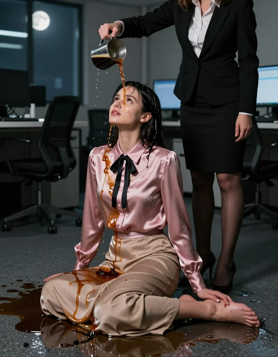 A photorealistic, high-contrast shot in a dimly lit empty office at night. A young adult European woman with bare feet sits on the office floor in a submissive posture, wearing a floor-length beige silk skirt and a satin pink long-sleeved buttoned-down blouse with a black bowtie. She is being drenched by a second woman, a professional standing over her dressed in black and white business casual attire, who is pouring a stream of coffee over her. The coffee creates visibly wet, dark, saturated patches on the pink satin and beige silk, causing the fabrics to cling to the skin with heavy, wet folds and a distinct glossy sheen. The woman on the floor looks up with a submissive expression. The lighting is moody, cast by the dim glow of office monitors and moonlight through a window, highlighting the wet textures, clinging fabric, and the dark liquid spilling across the floor and clothing. Cinematic composition, 8k resolution, realistic skin textures, sharp focus on the interaction and the soaked materials.