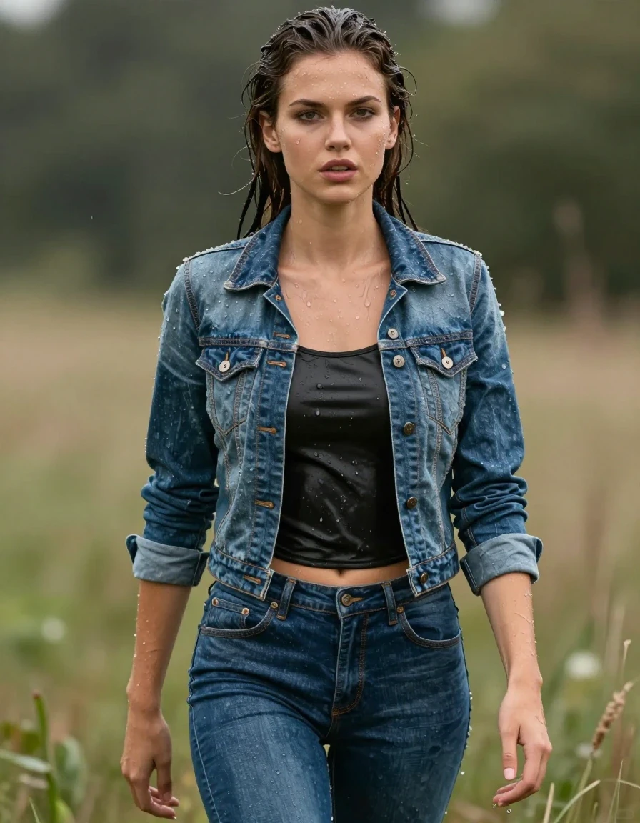 photo of young woman, in soaking wet, drenched clothes,
Lederjeans, Kurze Lederbluse Jeansjacke , Schlammbad, 
enjoying, wet clothes stuck to body,
detailed textures of the wet clothes, wet face, wet plastered hair,
wet, drenched, professional, high-quality details, full body view.
sharp focus, ultra-high pixel detail, realistic, high-quality, full colors, incredibly detailed, 4k, 8k, 16k, hyper-realistic, RAW photo, masterpiece, ultra-detailed, professionally color graded, professional photograph, wet skin, wet clothes, damp fabric