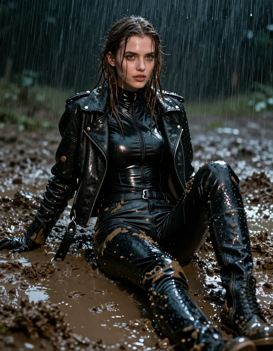 A photorealistic medium shot of a young European woman with long, dripping wet brown hair, her skin glistening with water sheen and rain, fully clothed. She is wearing a tight black leather polar neck catsuit, layered with a rugged black biker's leather jacket, and black leather pants, all heavily drenched, with the leather appearing dark, slick, and reflecting the ambient light with high specular highlights. She wears black leather gloves on both hands and black leather knee-high boots. She is relaxing in a deep, thick mud pit, her clothes and skin coated in mud and rainwater. The scene is set at night during a heavy, torrential downpour, with water cascading down her body. The atmosphere is dark and moody, illuminated by cold, harsh lighting that emphasizes the wet texture of the leather, the clinging damp fabric, and the muddy environment. The image is strictly non-nude, focusing on the textures of wet leather, mud, and rain-slicked surfaces, captured with high-detail photographic precision, sharp focus on the water droplets and material folds, cinematic composition.