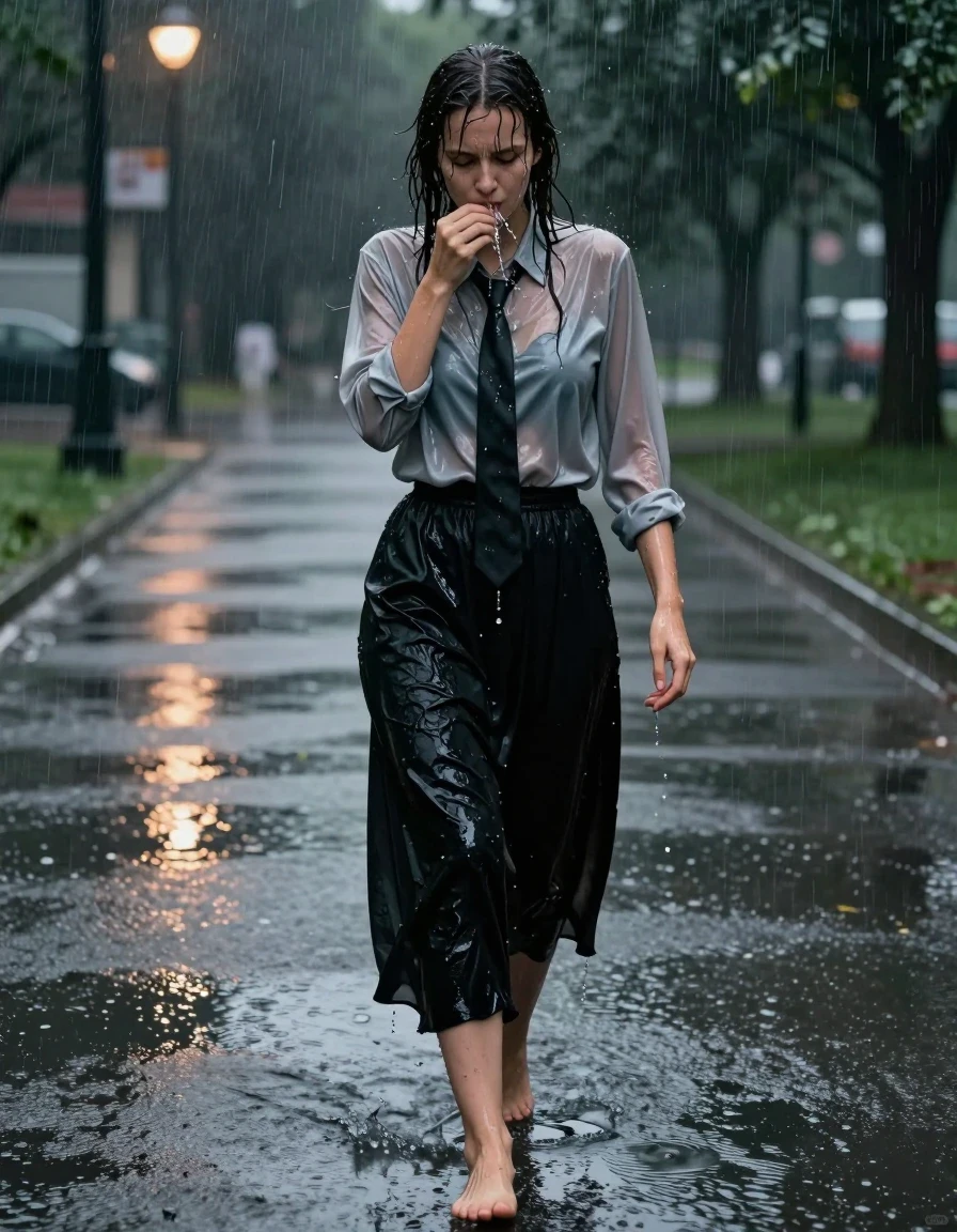 A photorealistic full-body shot of a young adult European woman walking through an empty park at night during a torrential downpour. She is barefoot, with her skin and hair completely drenched, water streaming down her face and limbs, creating a glossy, reflective sheen. She is wearing a satin grey oversized long-sleeved nylon blouse, buttoned down, which is soaked through, clinging to her skin and becoming semi-translucent, accented by a dark, wet black necktie. Below, she wears a floor-length cotton black skirt, which is heavy with water, clinging to her legs and dragging slightly on the wet pavement. The fabric is saturated, dark, and heavy with deep, wet folds. The subject is visibly urinating, with the liquid pooling on the wet ground around her bare feet. The lighting is moody and dim, provided by distant, flickering park lamps reflecting off the slick, rain-drenched asphalt and puddles. High-contrast, cinematic atmosphere, 8k resolution, captured on 35mm lens, intense wet texture, realistic water physics, hyper-detailed skin and fabric saturation.