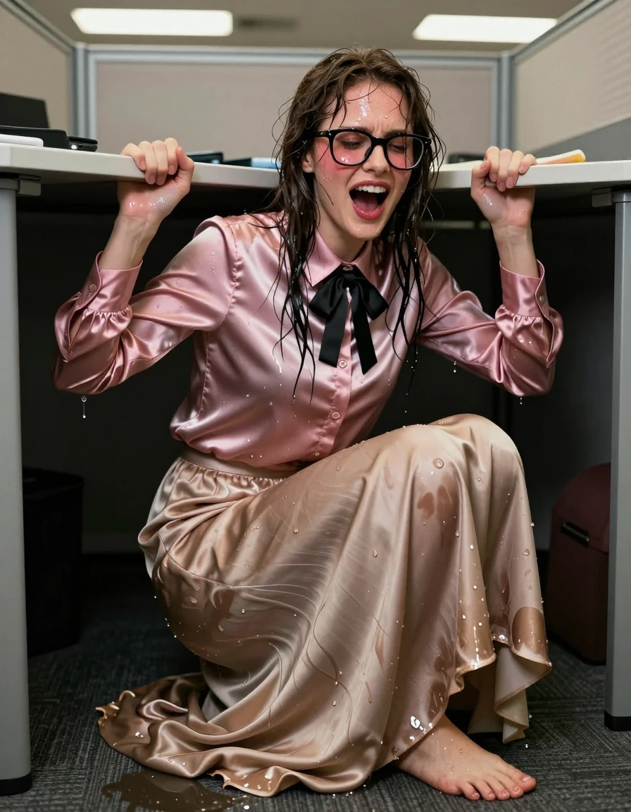 A photorealistic, high-detail cinematic shot of a young adult European woman with a nerdy aesthetic, wearing thick-rimmed glasses, hiding beneath a small desk in a cluttered office cubicle. She is wearing a satin pink long-sleeved buttoned-down blouse with a black bowtie and a floor-length beige silk skirt. Her bare feet are visible, resting on the office carpet. The fabric of the silk skirt and satin blouse is visibly soaking wet, clinging to her skin with heavy, saturated folds and deep, darkened patches where the liquid has absorbed, creating intense glossy specular reflections and a high-sheen wetlook texture. She has a flushed, ecstatic expression, caught in the throes of an orgasm. The office environment is dimly lit with harsh overhead fluorescent lighting filtering through the cubicle walls, casting sharp highlights on the wet fabric. 8k resolution, hyper-realistic skin texture, wet hair strands, damp skin sheen, professional photography, shallow depth of field.