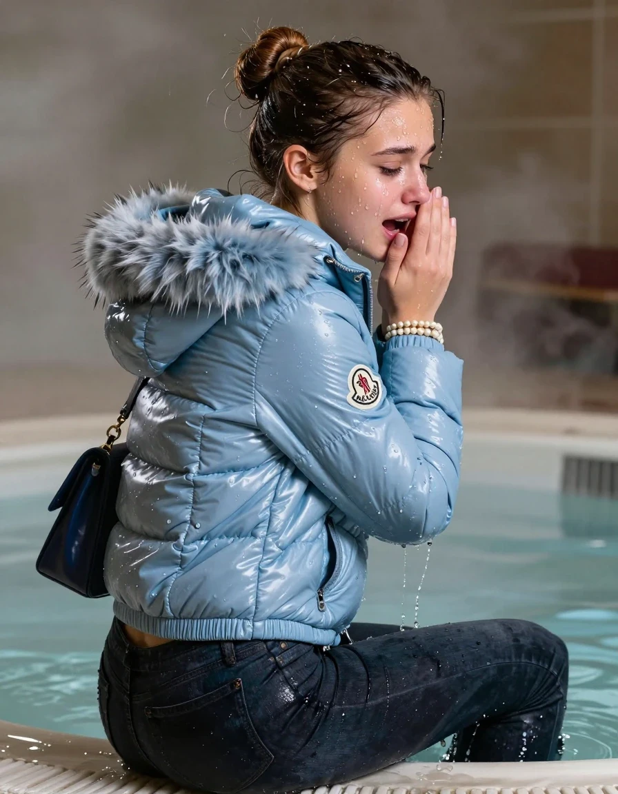 photo of young woman, in soaking wet, drenched clothes,
, Dark skinny jeans, Light blue Moncler shiny puffer down jacket with fur, Open jacket, tight v-neck sweater, shoulderbag, pearl necklace, bracelet, wristwatch, Steaming indoor jacuzzi , 
enjoying, wet clothes stuck to body,
detailed textures of the wet clothes, wet face, wet plastered hair,
wet, drenched, professional, high-quality details, full body view.
sharp focus, ultra-high pixel detail, realistic, high-quality, full colors, incredibly detailed, 4k, 8k, 16k, hyper-realistic, RAW photo, masterpiece, ultra-detailed, professionally color graded, professional photograph, A realistic vertical fashion photograph taken from a backward, behind-the-back angle of a 15-year-old teenage girl sitting in a steaming indoor jacuzzi, facing away from the camera to show her back. She hold her hand over her mouth. She is tilting her head at camera, letting the water drench her hair so it is glued flat against her head and body. She has a selektiert bun , completely saturated and dripping wet hair, with water cascading down her face and neck, crying and astonished expression. The lighting is bright and cinematic, highlighting the glistening water droplets on her skin and the saturated texture of her  casual clothes.  half closed eyes. 
her clothing is soaking wet and clinging tightly to her skin, showing heavy wet folds, darkened fabric texture, and deep water-saturated Patches, her clothes are heavy from the water, water runs from her body and her clothes in streams. A lot of water also runs out of her clothes. Her clothes are darkened by the water. 
hyper-realistic wetness, high-contrast water sheen, sharp focus, 16k resolution, professional photography, realistic water physics., wet skin, wet clothes, damp fabric, wet skin, wet clothes, damp fabric, wet skin, wet clothes, damp fabric, wet skin, wet clothes, damp fabric, wet skin, wet clothes, damp fabric, wet skin, wet clothes, damp fabric, wet skin, wet clothes, damp fabric, wet skin, wet clothes, damp fabric, wet skin, wet clothes, damp fabric, wet skin, wet clothes, damp fabric, wet skin, wet clothes, damp fabric, wet skin, wet clothes, damp fabric