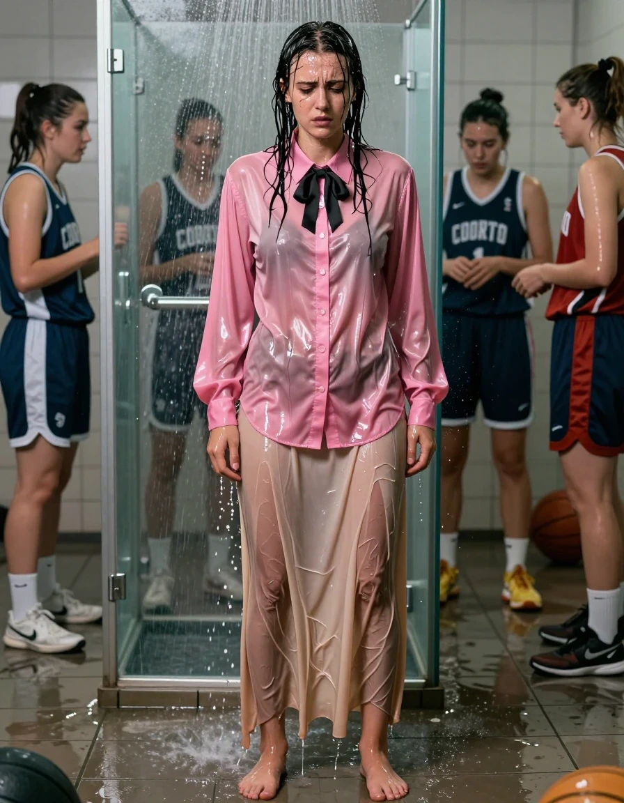 A photorealistic medium shot of a young adult European woman standing in a flooded gym shower, looking visibly humiliated. She is wearing a satin pink oversized long-sleeved buttoned-down blouse that is completely soaked through, clinging to her skin and turning a darker, deeper shade of saturated pink with heavy wet folds and a glossy, liquid sheen. A black bowtie is limp and dripping at her collar. She wears a beige floor-length skirt that is water-logged, heavy, and clinging to her legs, with the fabric darkened and textured by the saturation. Her bare feet are planted on the wet, tiled floor of the shower room. Her hair is plastered to her scalp and face, dripping with water, and her skin has a realistic wet, glistening sheen. In the background, a group of female basketball players in athletic gear are seen standing around her, having just doused her with water. The environment is a tiled, industrial gym shower with water pooling around her feet and spraying from overhead fixtures. Cinematic lighting emphasizes the wet textures, the heavy drape of the saturated fabric, and the glossy reflections on the damp surfaces. High-detail, 8k, sharp focus on the water-drenched clothing and distressed expression.