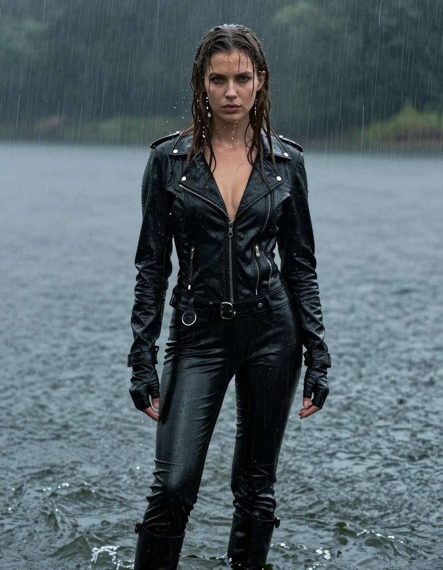A photorealistic portrait of a young adult European woman with long, dripping wet brown hair, standing in a deep lake during a torrential downpour. She is wearing a black leather catsuit covered by a black biker's leather jacket, black leather pants, and black leather knee-high boots, with matching leather gloves on both hands. Her skin and clothing are visibly drenched; the leather is heavy, saturated, and clinging to her body, exhibiting a deep, dark sheen and high-contrast specular highlights from the rain. Water cascades down her face and hair. The scene is captured with sharp focus, emphasizing the texture of the wet leather, the heavy rain streaks, and the dark, moody atmosphere of the lake environment. The composition is a medium-full shot, ensuring fully clothed, modest attire with no nudity, highlighting the realistic interplay of water on leather surfaces and the subject's calm, composed expression.