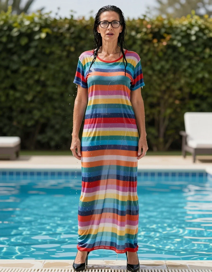 photo of young woman, in soaking wet, drenched clothes,
high heels black shoes, maxi multicolored striped t-shirt dress, maxi multicolored striped t-shirt dress, after bath in swiming pool, enjoying wet clothes stuck body, enjoying, wet clothes stuck to body, 
enjoying, wet clothes stuck to body,
detailed textures of the wet clothes, wet face, wet plastered hair,
wet, drenched, professional, high-quality details, full body view.
sharp focus, ultra-high pixel detail, realistic, high-quality, full colors, incredibly detailed, 4k, 8k, 16k, hyper-realistic, RAW photo, masterpiece, ultra-detailed, professionally color graded, professional photograph, europen brunette skinny woman 50 years old, long dark black hair, office glasses, very big and thick lips, complete body, wet skin, wet clothes, damp fabric, wet skin, wet clothes, damp fabric, wet skin, wet clothes, damp fabric, wet skin, wet clothes, damp fabric, wet skin, wet clothes, damp fabric, wet skin, wet clothes, damp fabric, wet skin, wet clothes, damp fabric