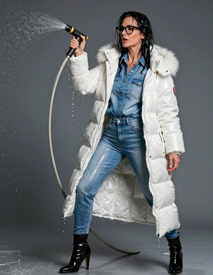 photo of young woman, in soaking wet, drenched clothes,
high heels black boots, long light blue shiny jeans, shiny light blue denim shirt, maxi white shiny down jacket with fur, pouring water with the hose, enjoying wet clothes stuck body, enjoying, wet clothes stuck to body, 
enjoying, wet clothes stuck to body,
detailed textures of the wet clothes, wet face, wet plastered hair,
wet, drenched, professional, high-quality details, full body view.
sharp focus, ultra-high pixel detail, realistic, high-quality, full colors, incredibly detailed, 4k, 8k, 16k, hyper-realistic, RAW photo, masterpiece, ultra-detailed, professionally color graded, professional photograph, europen brunette skinny woman 50 years old, long dark black hair, office glasses, very big and thick lips, complete body, wet skin, wet clothes, damp fabric, wet skin, wet clothes, damp fabric, wet skin, wet clothes, damp fabric, wet skin, wet clothes, damp fabric, wet skin, wet clothes, damp fabric, wet skin, wet clothes, damp fabric, wet skin, wet clothes, damp fabric