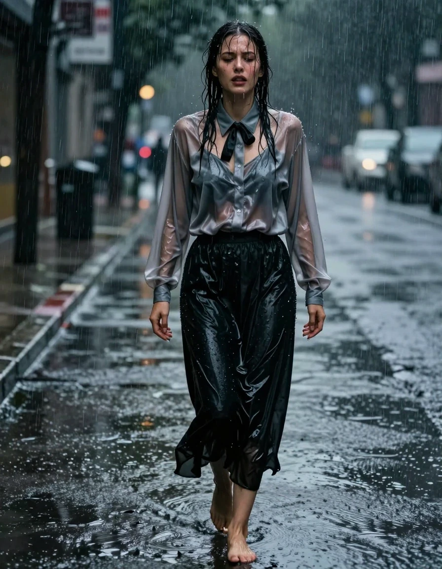 A photorealistic full-body shot of a young adult European woman walking home alone on an empty city street at night during a torrential downpour. She is barefoot, with rain-slicked skin and wet hair clinging to her face and shoulders. She wears an oversized, long-sleeved, grey satin nylon blouse that is visibly soaked and translucent from the heavy rain, clinging to her skin with deep, dark patches and heavy wet folds, paired with a black bowtie. She wears a floor-length cotton black skirt that is completely saturated, heavy with water, and clinging to her legs, with deep black tones and visible texture from the downpour. Her expression is one of intense, flushed arousal, eyes half-lidded, reacting to the sensory overload of the rain. The environment is dark and moody, with streetlights reflecting off the glistening, rain-drenched pavement and puddles. High-contrast cinematic lighting, hyper-detailed skin texture, water droplets streaming down her body, hyper-realistic wet fabric physics, 8k resolution, shot on 35mm lens, sharp focus on the subject, wet sheen everywhere.