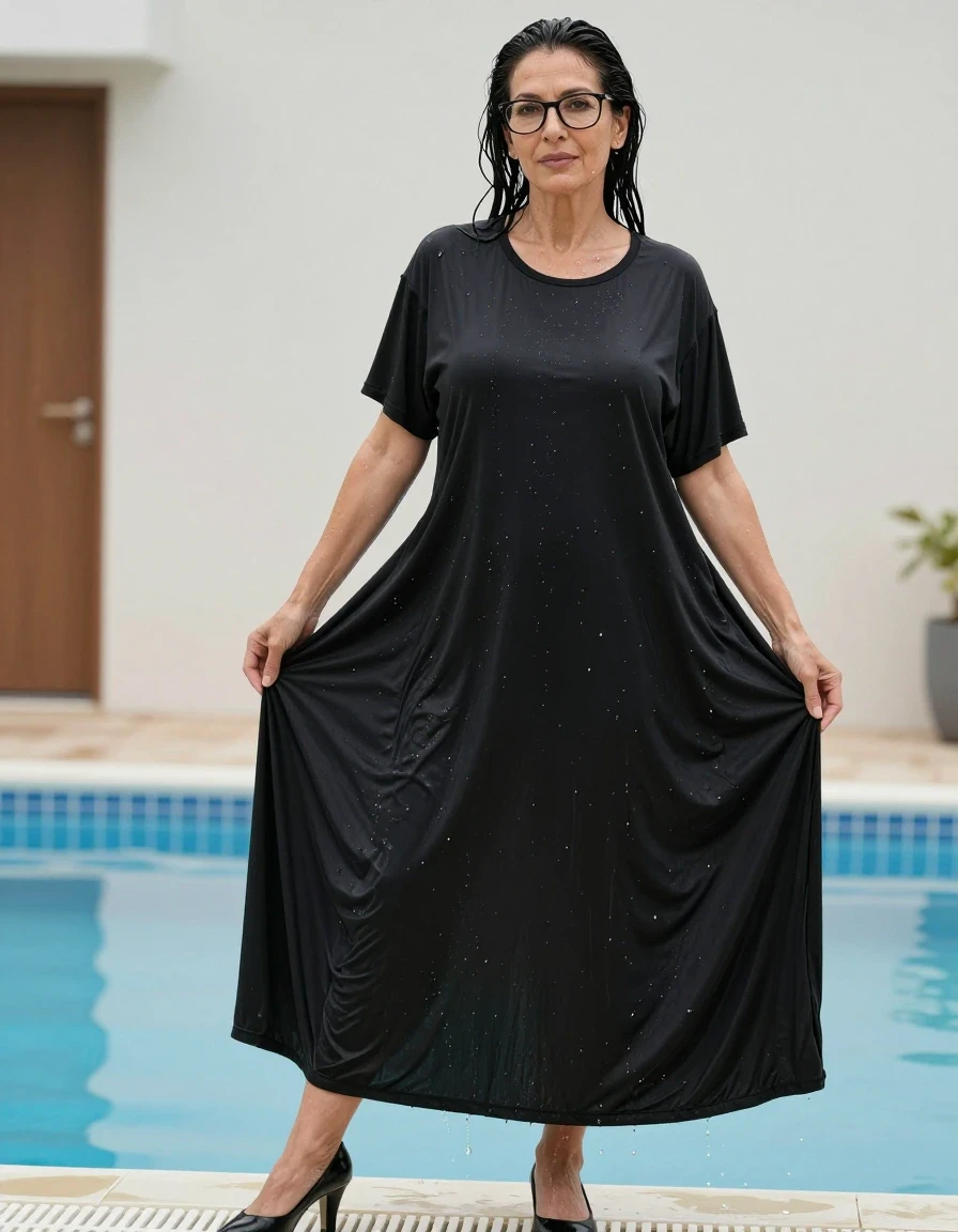 photo of young woman, in soaking wet, drenched clothes,
high black shoes, maxi black t-shirt dress, maxi black t-shirt dress, after bath in swiming pool, enjoying wet clothes stuck body, enjoying, wet clothes stuck to body, 
enjoying, wet clothes stuck to body,
detailed textures of the wet clothes, wet face, wet plastered hair,
wet, drenched, professional, high-quality details, full body view.
sharp focus, ultra-high pixel detail, realistic, high-quality, full colors, incredibly detailed, 4k, 8k, 16k, hyper-realistic, RAW photo, masterpiece, ultra-detailed, professionally color graded, professional photograph, europen brunette skinny woman 50 years old, long dark black hair, office glasses, very big and thick lips, complete body, wet skin, wet clothes, damp fabric, wet skin, wet clothes, damp fabric, wet skin, wet clothes, damp fabric, wet skin, wet clothes, damp fabric, wet skin, wet clothes, damp fabric, wet skin, wet clothes, damp fabric, wet skin, wet clothes, damp fabric