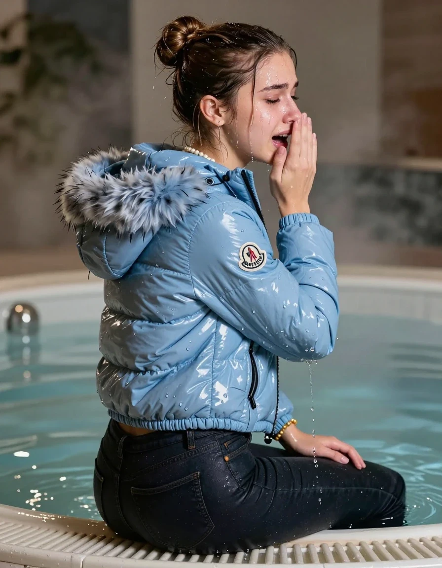 photo of young woman, in soaking wet, drenched clothes,
, Dark skinny jeans, Light blue Moncler shiny puffer down jacket with fur, Open jacket, tight v-neck sweater, shoulderbag, pearl necklace, bracelet, wristwatch, Steaming indoor jacuzzi , 
enjoying, wet clothes stuck to body,
detailed textures of the wet clothes, wet face, wet plastered hair,
wet, drenched, professional, high-quality details, full body view.
sharp focus, ultra-high pixel detail, realistic, high-quality, full colors, incredibly detailed, 4k, 8k, 16k, hyper-realistic, RAW photo, masterpiece, ultra-detailed, professionally color graded, professional photograph, A realistic vertical fashion photograph taken from a backward, behind-the-back angle of a 15-year-old teenage girl sitting in a steaming indoor jacuzzi, facing away from the camera to show her back. She hold her hand over her mouth. She is tilting her head at camera, letting the water drench her hair so it is glued flat against her head and body. She has a selektiert bun , completely saturated and dripping wet hair, with water cascading down her face and neck, crying and astonished expression. The lighting is bright and cinematic, highlighting the glistening water droplets on her skin and the saturated texture of her  casual clothes.  half closed eyes. 
her clothing is soaking wet and clinging tightly to her skin, showing heavy wet folds, darkened fabric texture, and deep water-saturated Patches, her clothes are heavy from the water, water runs from her body and her clothes in streams. A lot of water also runs out of her clothes. Her clothes are darkened by the water. 
hyper-realistic wetness, high-contrast water sheen, sharp focus, 16k resolution, professional photography, realistic water physics., wet skin, wet clothes, damp fabric, wet skin, wet clothes, damp fabric, wet skin, wet clothes, damp fabric, wet skin, wet clothes, damp fabric, wet skin, wet clothes, damp fabric, wet skin, wet clothes, damp fabric, wet skin, wet clothes, damp fabric, wet skin, wet clothes, damp fabric, wet skin, wet clothes, damp fabric, wet skin, wet clothes, damp fabric, wet skin, wet clothes, damp fabric, wet skin, wet clothes, damp fabric
