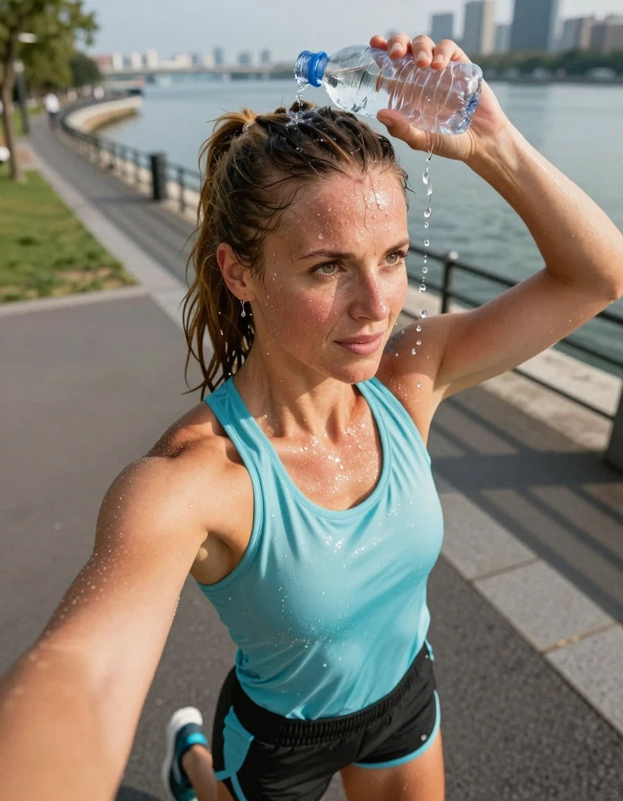 A high-resolution, realistic selfie-style photograph of a fit European woman in her mid-30s with chestnut hair styled in a high ponytail. She is captured in a waterfront city park, actively pouring a clear plastic bottle of water directly over the crown of her head. Her hair is dripping wet and plastered to her head, with water cascading down her face and neck. She has visible, glistening beads of sweat on her skin and a flushed, post-workout complexion. She is wearing a light blue athletic tank top that is visibly soaked through, clinging to her skin with deep saturated patches, and black athletic shorts with light blue accents that are dark with moisture. She is wearing modern running shoes. The water creates a shimmering sheen on her skin and fabric. The background features a blurred urban waterfront with trees and walkways under bright daylight. The composition is a tight selfie-angle focusing on her upper body and face. Cinematic lighting highlights the water droplets and the texture of the wet fabric.