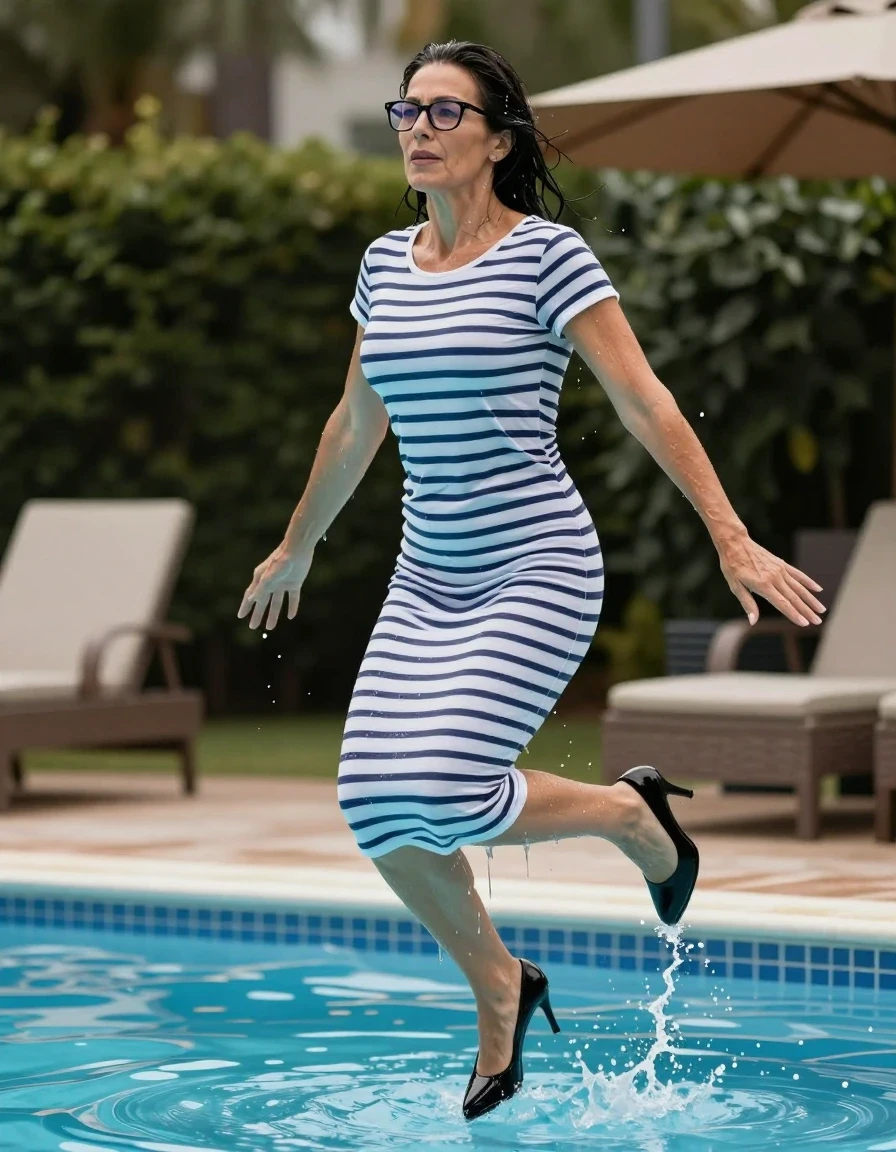 photo of young woman, in soaking wet, drenched clothes,
high heels black shoes, long white & bdark blue striped t-shirt dress, long white & dark blue striped t-shirt dress, jumping in swiming pool, enjoying wet clothes stuck body, enjoying, wet clothes stuck to body, 
enjoying, wet clothes stuck to body,
detailed textures of the wet clothes, wet face, wet plastered hair,
wet, drenched, professional, high-quality details, full body view.
sharp focus, ultra-high pixel detail, realistic, high-quality, full colors, incredibly detailed, 4k, 8k, 16k, hyper-realistic, RAW photo, masterpiece, ultra-detailed, professionally color graded, professional photograph, europen brunette skinny woman 50 years old, long dark black hair, office glasses, very big and thick lips, complete body, wet skin, wet clothes, damp fabric, wet skin, wet clothes, damp fabric, wet skin, wet clothes, damp fabric, wet skin, wet clothes, damp fabric, wet skin, wet clothes, damp fabric, wet skin, wet clothes, damp fabric, wet skin, wet clothes, damp fabric