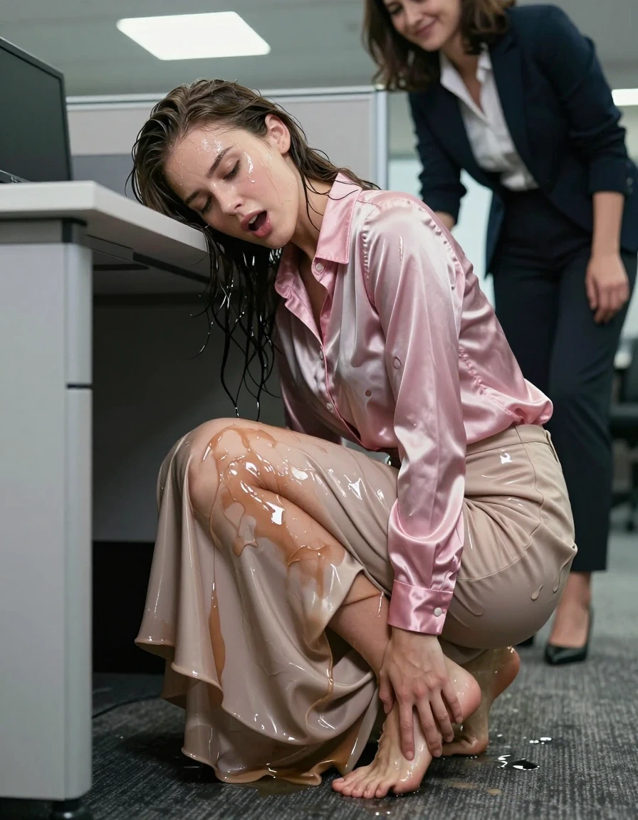 A photorealistic, highly detailed shot of a young adult European woman experiencing a submissive orgasm while huddled under a small office cubicle desk. She has glistening, damp skin and matted, wet hair, with her satin pink long-sleeved buttoned-down blouse and floor-length beige silk skirt completely soaked through, causing the fabric to darken significantly, cling tightly to her body, and exhibit heavy, translucent wet folds and deep water-saturated patches. She is barefoot, with her toes curled on the office carpet. A dominant woman in business casual attire stands just outside the desk area, looking down at her with a knowing, condescending smile. The scene is lit by harsh, cool overhead fluorescent office lighting that creates sharp specular highlights on the woman's wet, flushed skin and the clinging, damp silk garments. High-contrast, cinematic composition, 8k resolution, professional photography, focus on the intense expression and the physical reality of the soaked clothing.