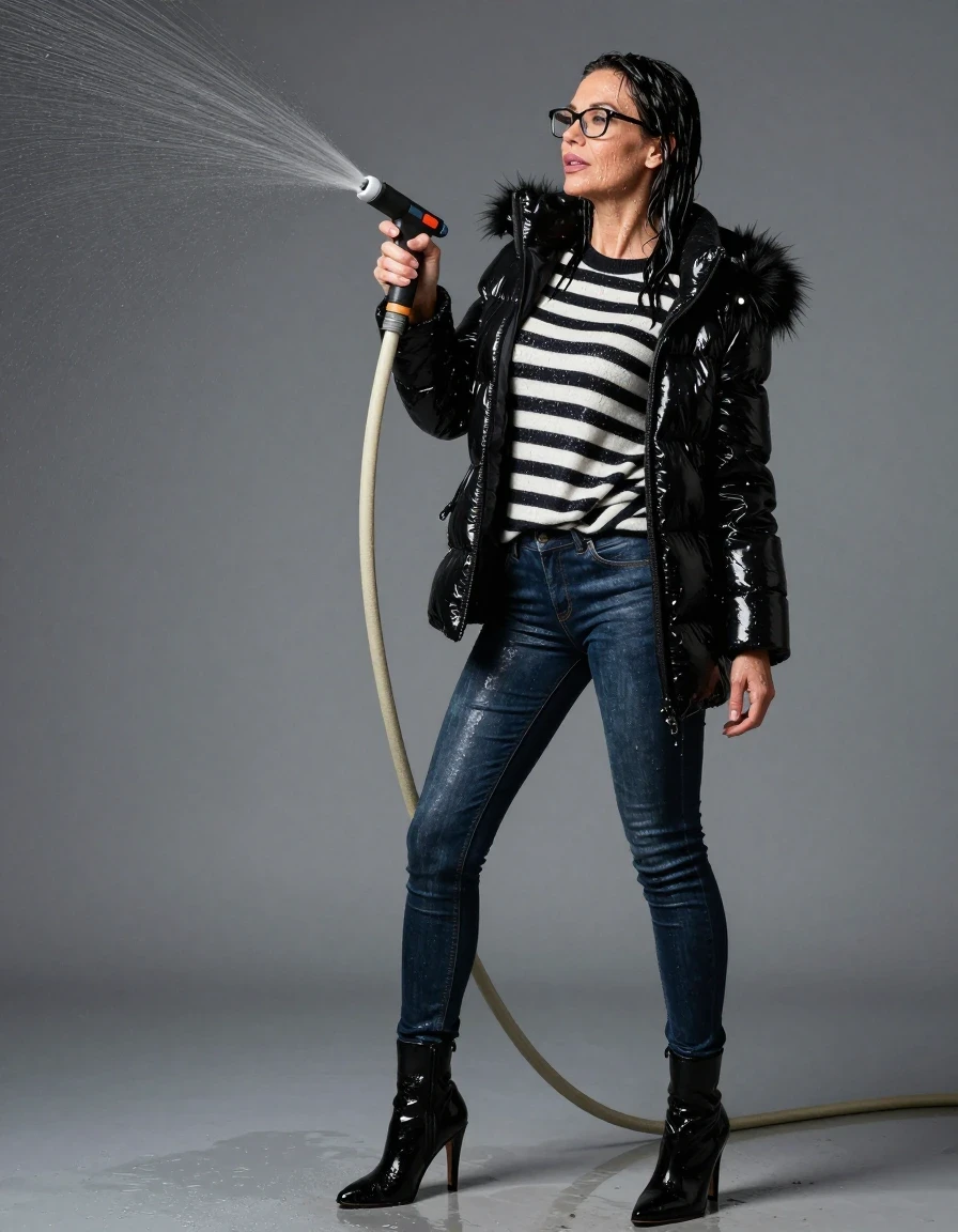 photo of young woman, in soaking wet, drenched clothes,
high heels black boots, long dark blue shiny tight jeans, maxi shiny black & white striped sweater, maxi black shiny down jacket with fur, pouring water with the hose, enjoying wet clothes stuck body, enjoying, wet clothes stuck to body, 
enjoying, wet clothes stuck to body,
detailed textures of the wet clothes, wet face, wet plastered hair,
wet, drenched, professional, high-quality details, full body view.
sharp focus, ultra-high pixel detail, realistic, high-quality, full colors, incredibly detailed, 4k, 8k, 16k, hyper-realistic, RAW photo, masterpiece, ultra-detailed, professionally color graded, professional photograph, europen brunette skinny woman 50 years old, long dark black hair, office glasses, very big and thick lips, complete body, wet skin, wet clothes, damp fabric, wet skin, wet clothes, damp fabric, wet skin, wet clothes, damp fabric, wet skin, wet clothes, damp fabric, wet skin, wet clothes, damp fabric, wet skin, wet clothes, damp fabric, wet skin, wet clothes, damp fabric