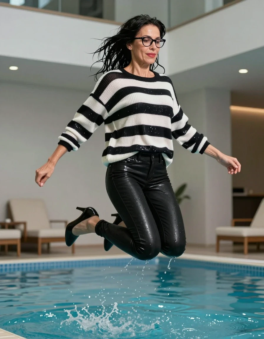photo of young woman, in soaking wet, drenched clothes,
high heels black shoes, long black shiny tight jeans, maxi shiny black & white striped sweater, jumping in indoor pool, enjoying wet clothes stuck body, enjoying, wet clothes stuck to body, 
enjoying, wet clothes stuck to body,
detailed textures of the wet clothes, wet face, wet plastered hair,
wet, drenched, professional, high-quality details, full body view.
sharp focus, ultra-high pixel detail, realistic, high-quality, full colors, incredibly detailed, 4k, 8k, 16k, hyper-realistic, RAW photo, masterpiece, ultra-detailed, professionally color graded, professional photograph, europen brunette skinny woman 50 years old, long dark black hair, office glasses, very big and thick lips, complete body, wet skin, wet clothes, damp fabric, wet skin, wet clothes, damp fabric, wet skin, wet clothes, damp fabric, wet skin, wet clothes, damp fabric, wet skin, wet clothes, damp fabric, wet skin, wet clothes, damp fabric, wet skin, wet clothes, damp fabric