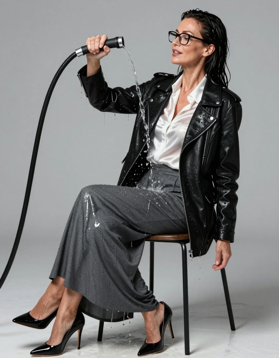 photo of young woman, in soaking wet, drenched clothes,
high heels black shoes, maxi gray skirt, shiny white silk satin shirt, maxi black leather jacket, on the chair, pouring water with the hose, enjoying wet clothes stuck body, enjoying, wet clothes stuck to body, 
enjoying, wet clothes stuck to body,
detailed textures of the wet clothes, wet face, wet plastered hair,
wet, drenched, professional, high-quality details, full body view.
sharp focus, ultra-high pixel detail, realistic, high-quality, full colors, incredibly detailed, 4k, 8k, 16k, hyper-realistic, RAW photo, masterpiece, ultra-detailed, professionally color graded, professional photograph, europen brunette skinny woman 50 years old, long dark black hair, office glasses, very big and thick lips, complete body, wet skin, wet clothes, damp fabric, wet skin, wet clothes, damp fabric, wet skin, wet clothes, damp fabric, wet skin, wet clothes, damp fabric, wet skin, wet clothes, damp fabric, wet skin, wet clothes, damp fabric, wet skin, wet clothes, damp fabric