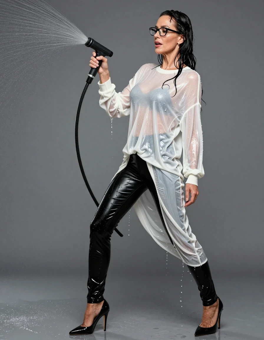 photo of young woman, in soaking wet, drenched clothes,
high heels black shoes, long black shiny latex trousers, maxi shiny white striped sweater, pouring water with the hose, enjoying wet clothes stuck body, enjoying, wet clothes stuck to body, 
enjoying, wet clothes stuck to body,
detailed textures of the wet clothes, wet face, wet plastered hair,
wet, drenched, professional, high-quality details, full body view.
sharp focus, ultra-high pixel detail, realistic, high-quality, full colors, incredibly detailed, 4k, 8k, 16k, hyper-realistic, RAW photo, masterpiece, ultra-detailed, professionally color graded, professional photograph, europen brunette skinny woman 50 years old, long dark black hair, office glasses, very big and thick lips, complete body, wet skin, wet clothes, damp fabric, wet skin, wet clothes, damp fabric, wet skin, wet clothes, damp fabric, wet skin, wet clothes, damp fabric, wet skin, wet clothes, damp fabric, wet skin, wet clothes, damp fabric, wet skin, wet clothes, damp fabric