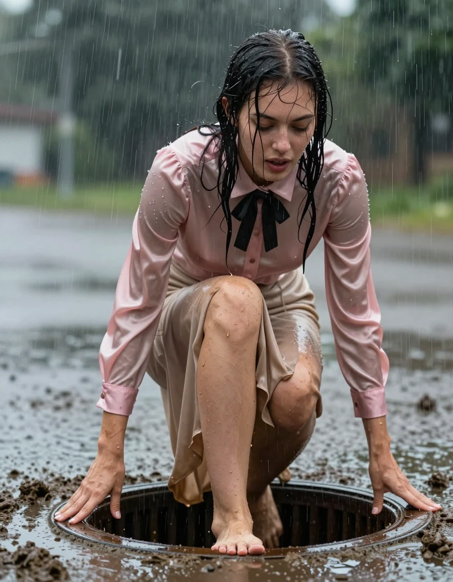 photo of young woman, in soaking wet, drenched clothes,
Barefeet, Floorlength beige silk skirt, Satin pink long sleeved buttoned down blouse, black bowtie, Climbing out of a manhole in the middle of nowhere during a huge downpour, 
enjoying, wet clothes stuck to body,
detailed textures of the wet clothes, wet face, wet plastered hair,
wet, drenched, professional, high-quality details, full body view.
sharp focus, ultra-high pixel detail, realistic, high-quality, full colors, incredibly detailed, 4k, 8k, 16k, hyper-realistic, RAW photo, masterpiece, ultra-detailed, professionally color graded, professional photograph, has an orgasm while climbing out, covered in sludge, mud, sewage, wet skin, wet clothes, damp fabric