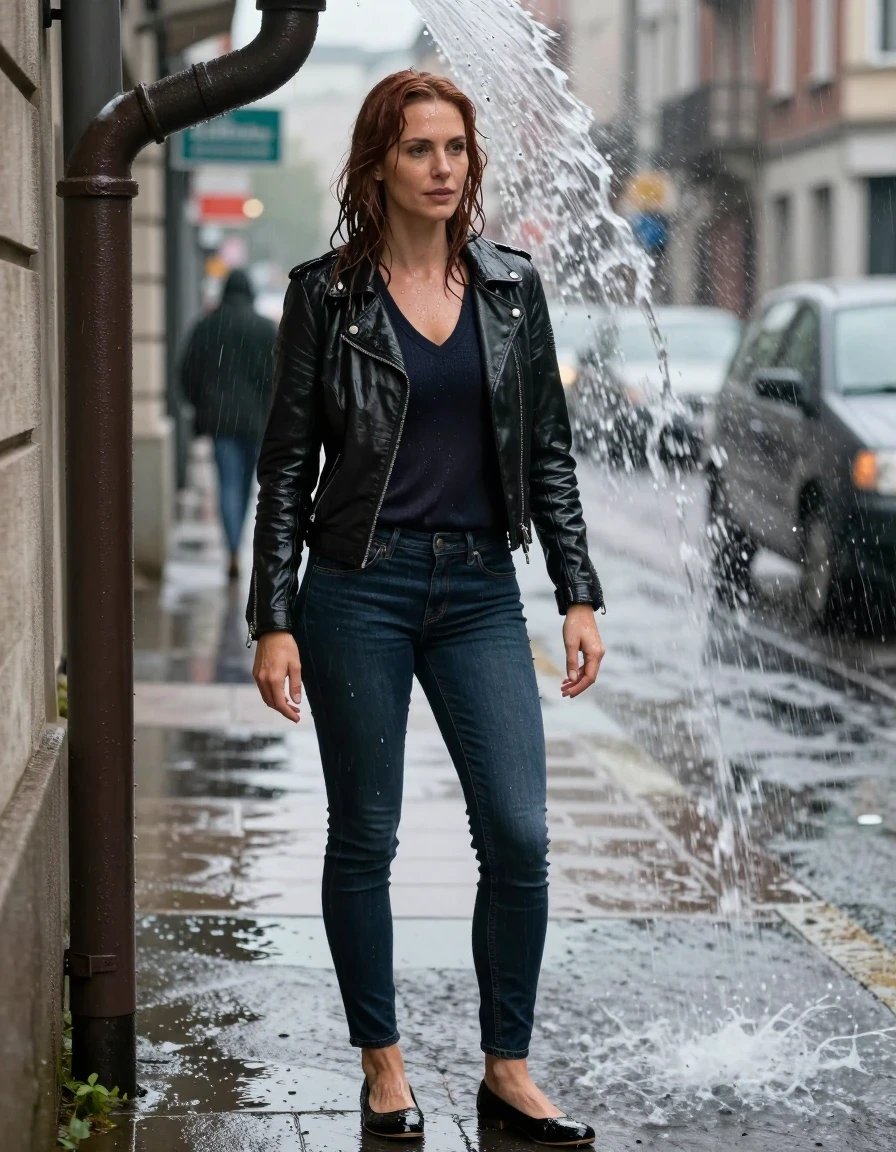 photo of young woman, in soaking wet, drenched clothes,
Black flats, Dark Levi’s skinny jeans, Black Bilder lestherjacket, v-neck sweater, downtown on rainy afternoon , 
enjoying, wet clothes stuck to body,
detailed textures of the wet clothes, wet face, wet plastered hair,
wet, drenched, professional, high-quality details, full body view.
sharp focus, ultra-high pixel detail, realistic, high-quality, full colors, incredibly detailed, 4k, 8k, 16k, hyper-realistic, RAW photo, masterpiece, ultra-detailed, professionally color graded, professional photograph, selfie-style photo of a mid-30’s fit woman with chestnut hair backing herself directly into a heavy stream of water pouring from a gutter downspout. Her hair and dress dampened from rain, but not yet saturated by the heavy stream., wet skin, wet clothes, damp fabric, wet skin, wet clothes, damp fabric