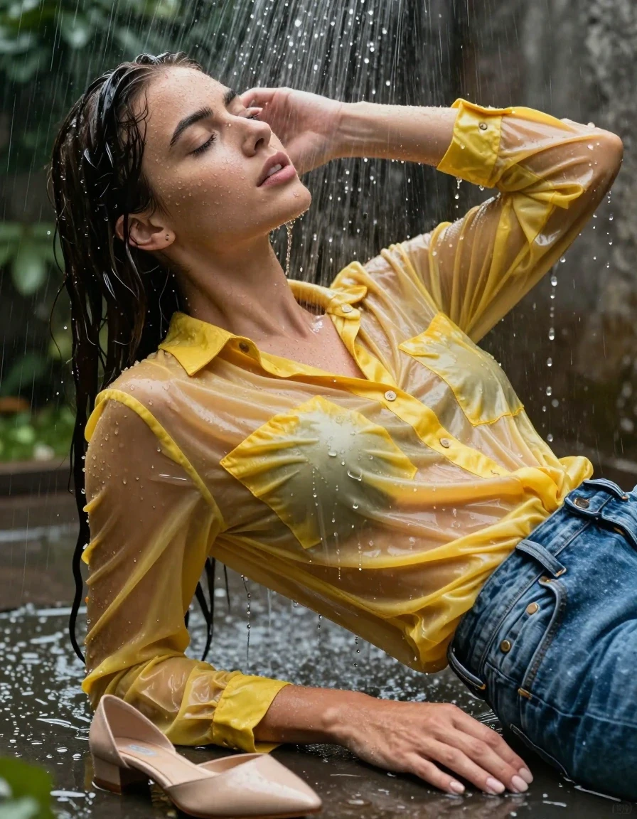 photo of young woman, in soaking wet, drenched clothes,
pumps, blue jeans, shiny,  yellow jeans blouse, outdoor shower, shower, rain, 
enjoying, wet clothes stuck to body,
detailed textures of the wet clothes, wet face, wet plastered hair,
wet, drenched, professional, high-quality details, full body view.
sharp focus, ultra-high pixel detail, realistic, high-quality, full colors, incredibly detailed, 4k, 8k, 16k, hyper-realistic, RAW photo, masterpiece, ultra-detailed, professionally color graded, professional photograph, collar, long sleeves, buttoned, wet hair, long hair, drenched, dripping wet, submerged, full body, see-through, lying, side view, wet skin, wet clothes, damp fabric