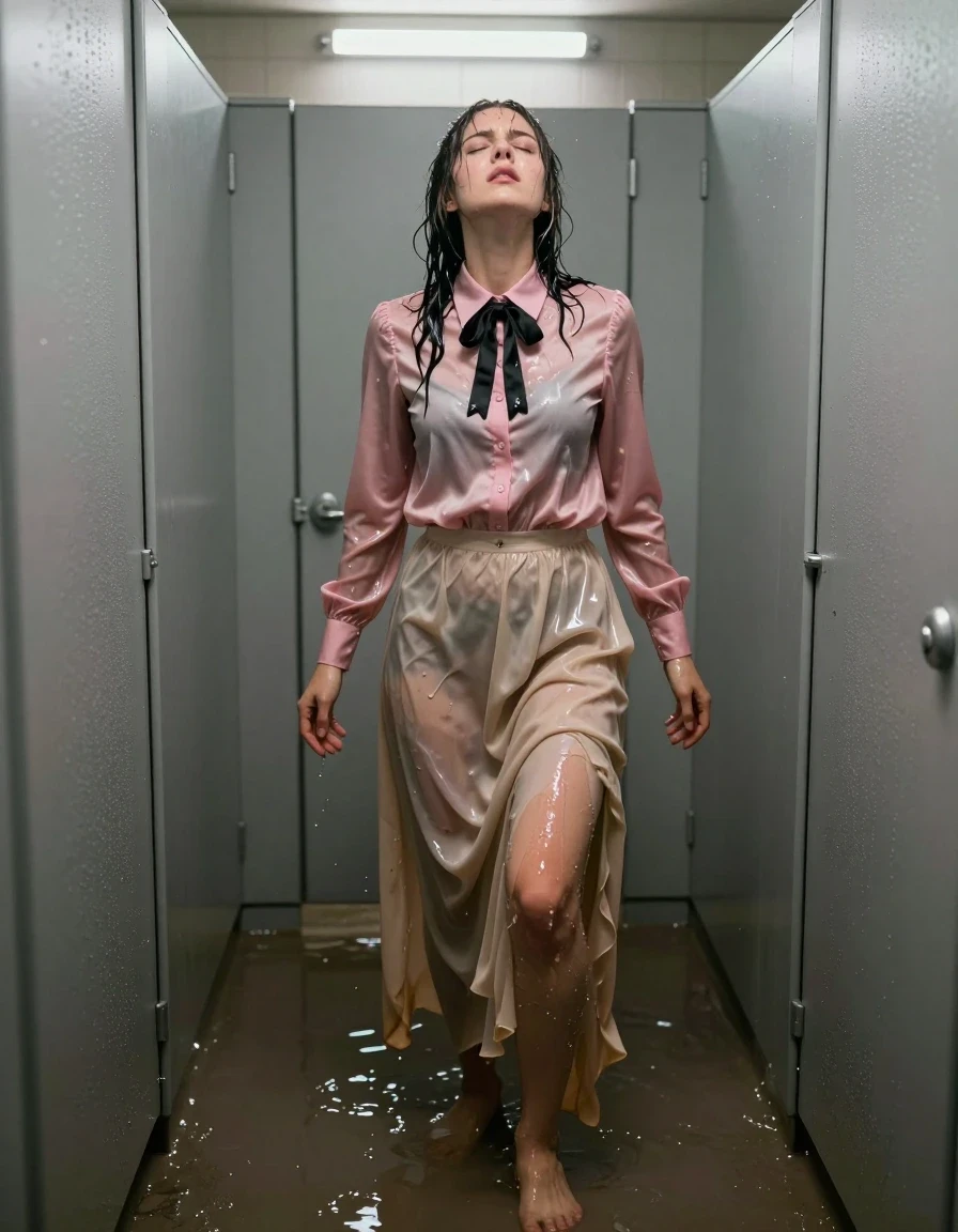 A photorealistic, high-detail wide shot of a young adult European woman trapped inside a cramped, flooded public toilet stall. She is wearing a satin pink long-sleeved buttoned-down blouse with a black bowtie, paired with a floor-length beige silk skirt. The fabrics are heavily soaked, clinging to her skin with deep, translucent patches, darkened colors, and heavy wet folds indicative of total saturation. She is barefoot, with her feet submerged in murky, shallow water covering the floor. Her expression is one of intense, overwhelmed ecstasy, eyes closed, head tilted back, capturing a moment of release. The environment is a dimly lit, tiled restroom stall with water reflecting the harsh overhead fluorescent light. The atmosphere is damp and claustrophobic, featuring condensation on the stall walls, water ripples, and visible wet sheen on her skin and hair. Cinematic lighting, sharp focus on texture, 8k resolution, highly detailed wet fabric physics.